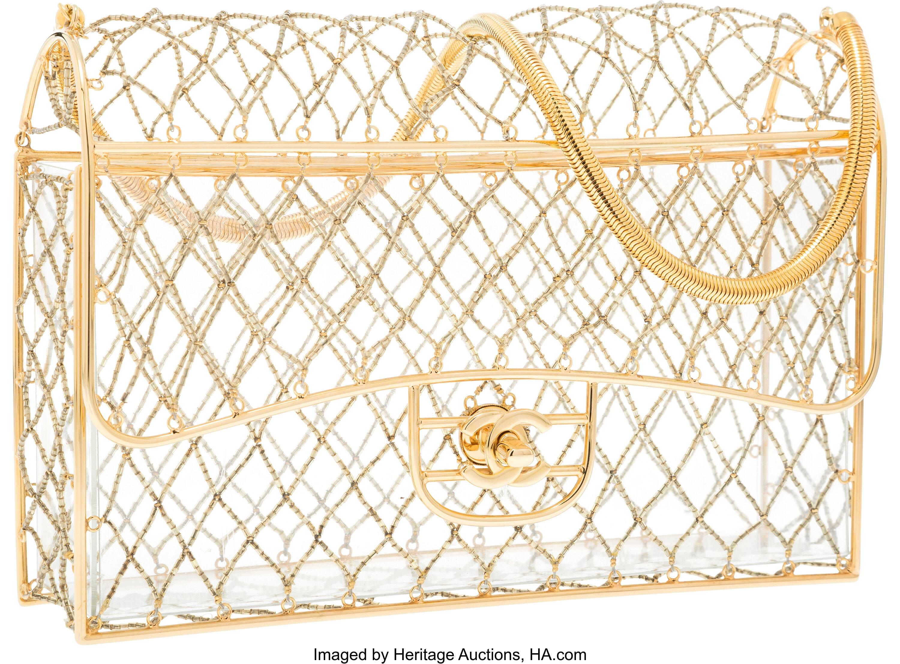 Chanel Gold Cage Beaded Medium Flap Bag with Gold Hardware. Good to, Lot  #58293