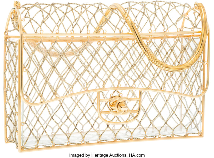 Chanel Vintage Clear Beaded Lucite Medium Cage Flap Gold Hardware, 1990s (Very Good), Womens Handbag