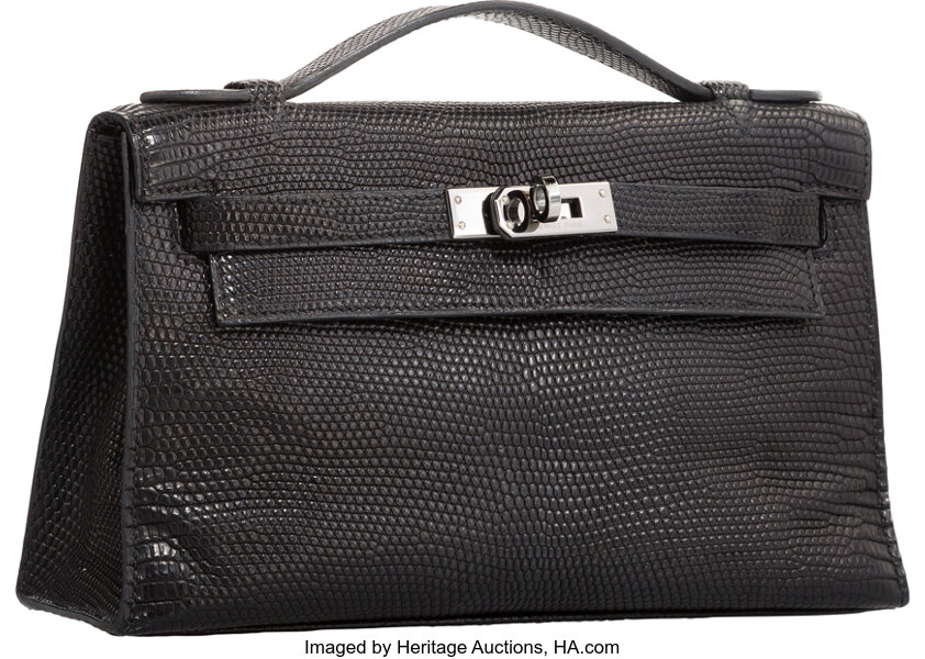 Hermes Kelly Pochette Black Lizard Ruthenium Hardware