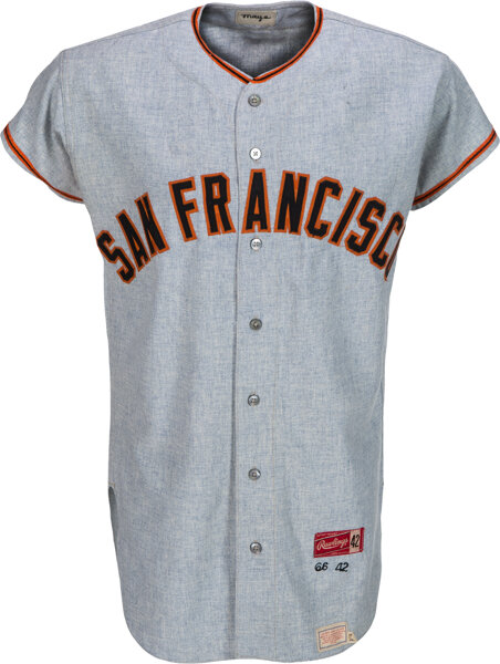 A jersey worn by Willie Mays during Giants' first year in S.F. is