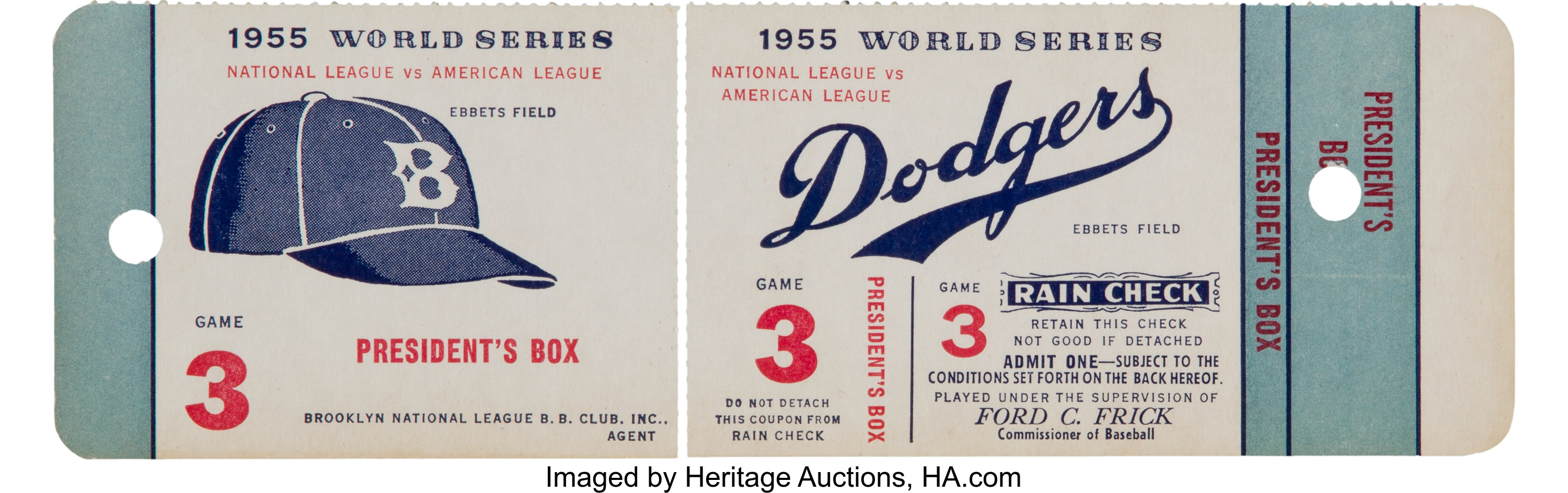 1955 Brooklyn Dodgers World Series Game 3 Full Ticket President's, Lot  #14770