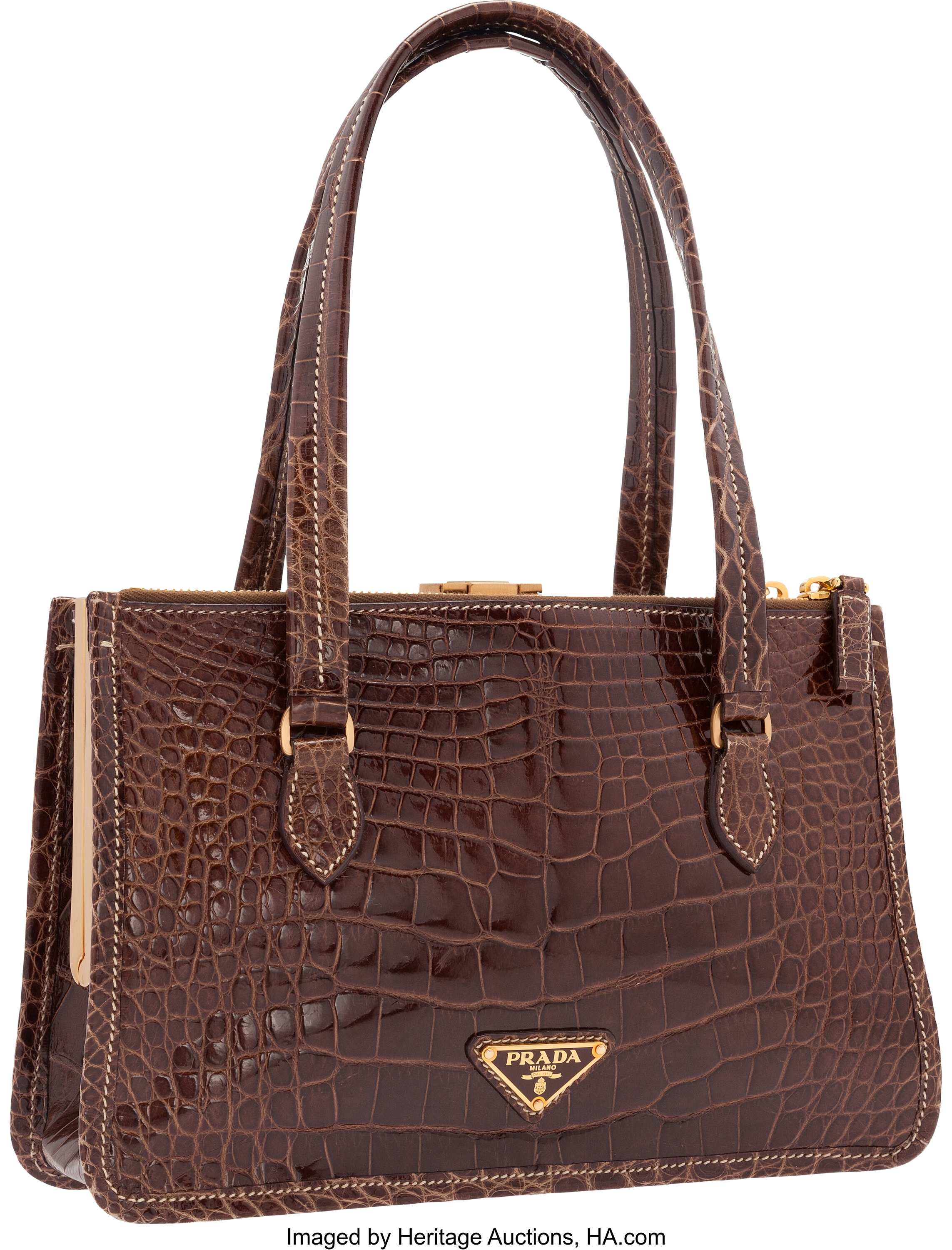 Prada Shiny Brown Crocodile Tote Bag with Brushed Gold Hardware