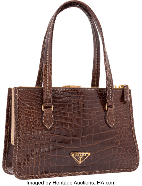 Cognac brown purse mini bag, Crocodile, Glazed, Gold. Small Lily