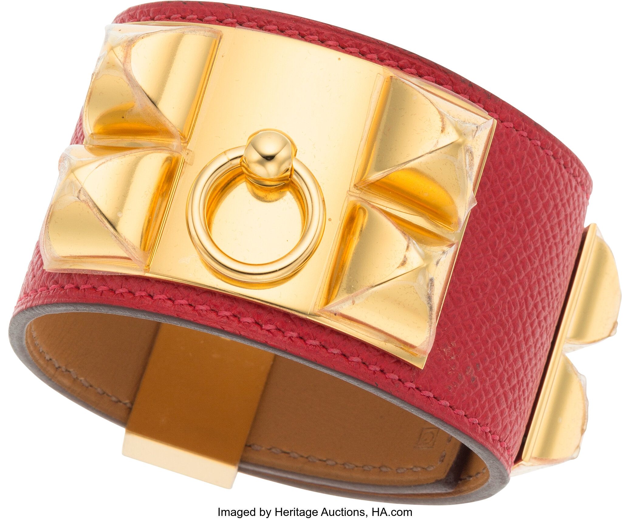 Hermes Rouge Casaque Epsom Leather Collier de Chien Bracelet with, Lot  #58204