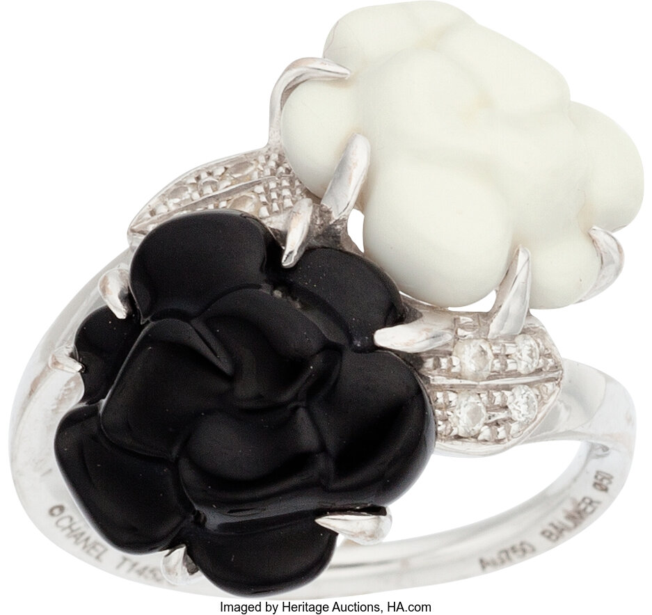 Chanel Diamond, 18K White Gold, Onyx & Agate Camellia Sculpte Ring., Lot  #58274