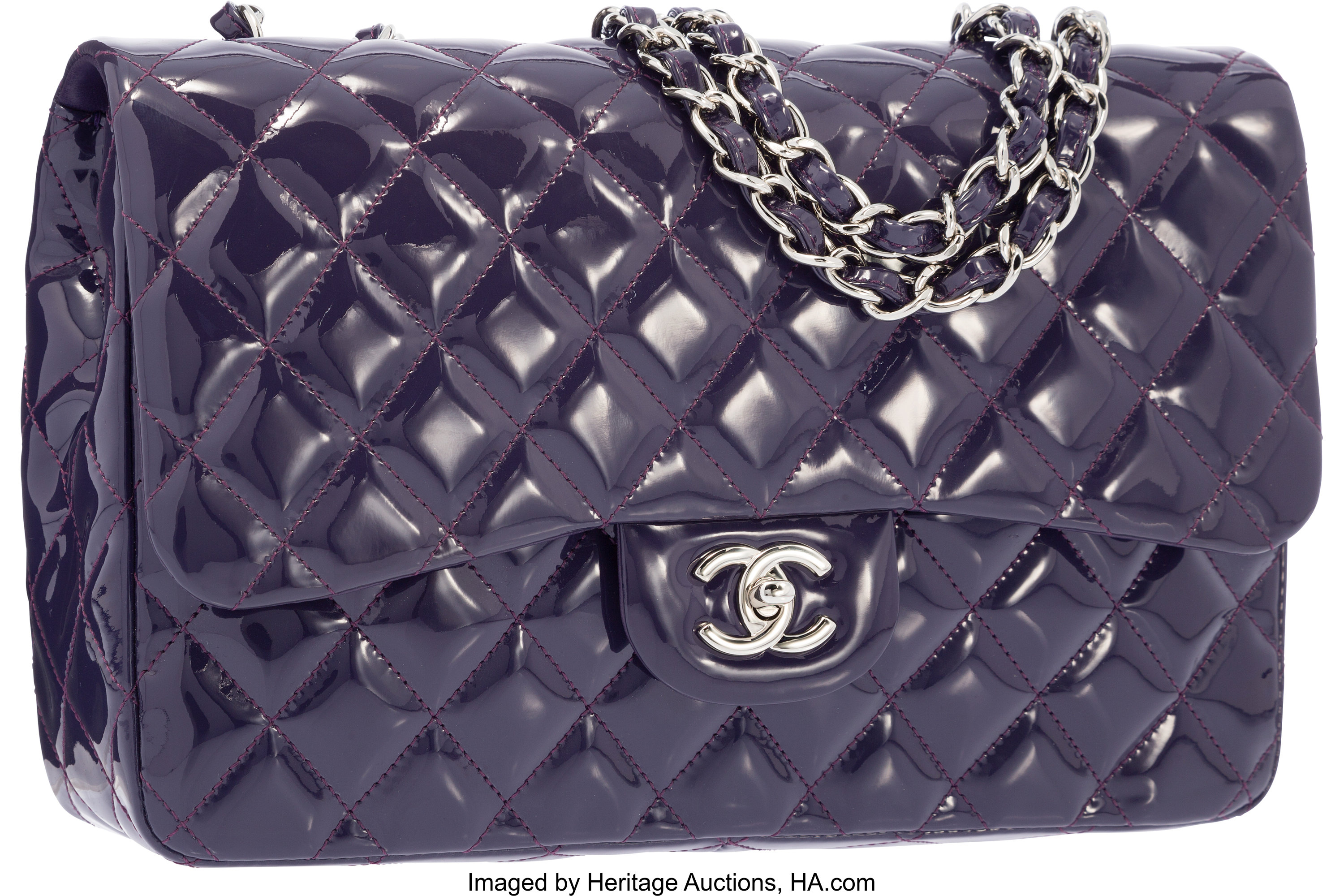 Chanel Purple Quilted Patent Leather Jumbo Single Flap Bag with, Lot  #58239