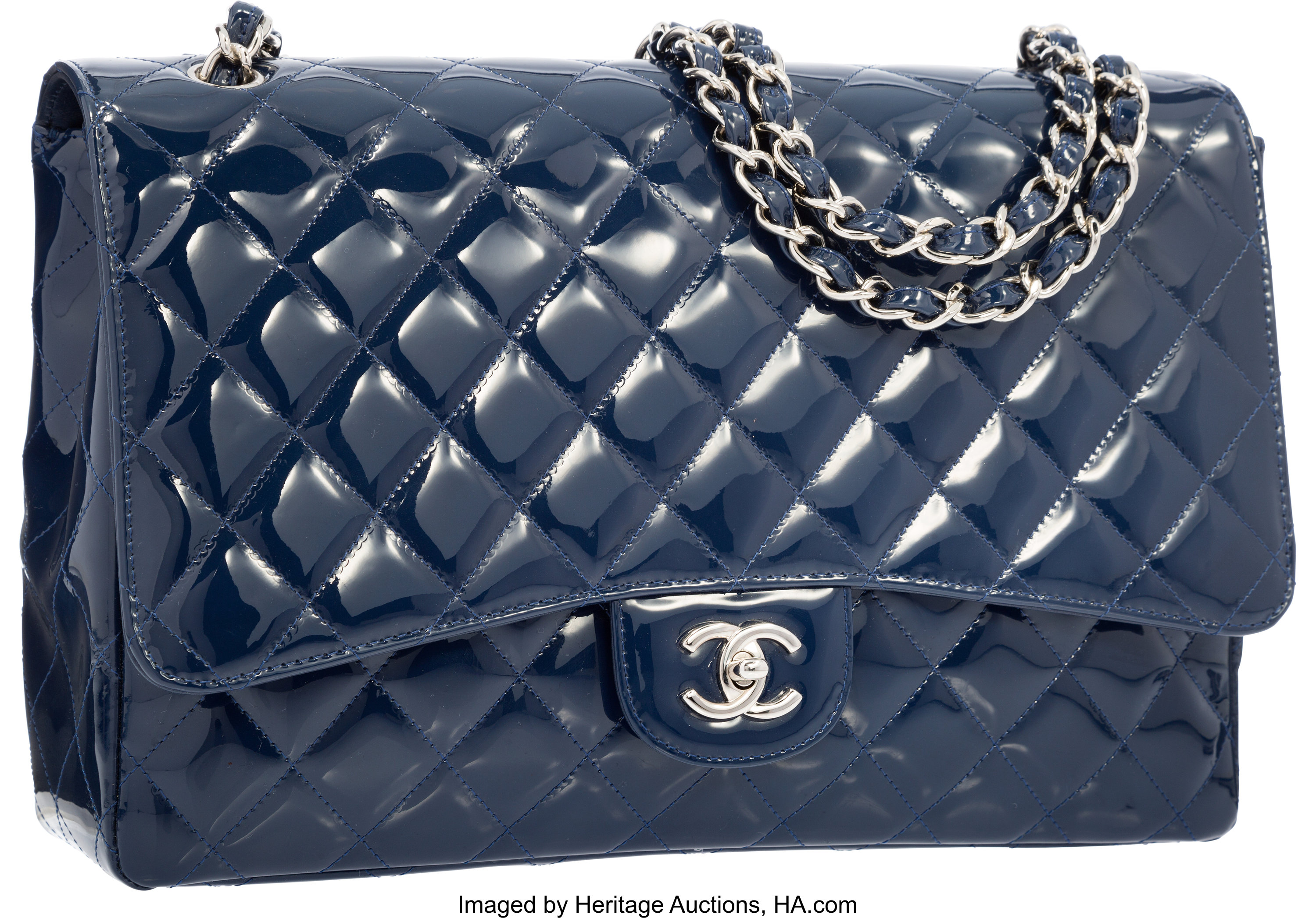Chanel Navy Blue Quilted Patent Leather Maxi Single Flap Bag with | Lot  #58232 | Heritage Auctions