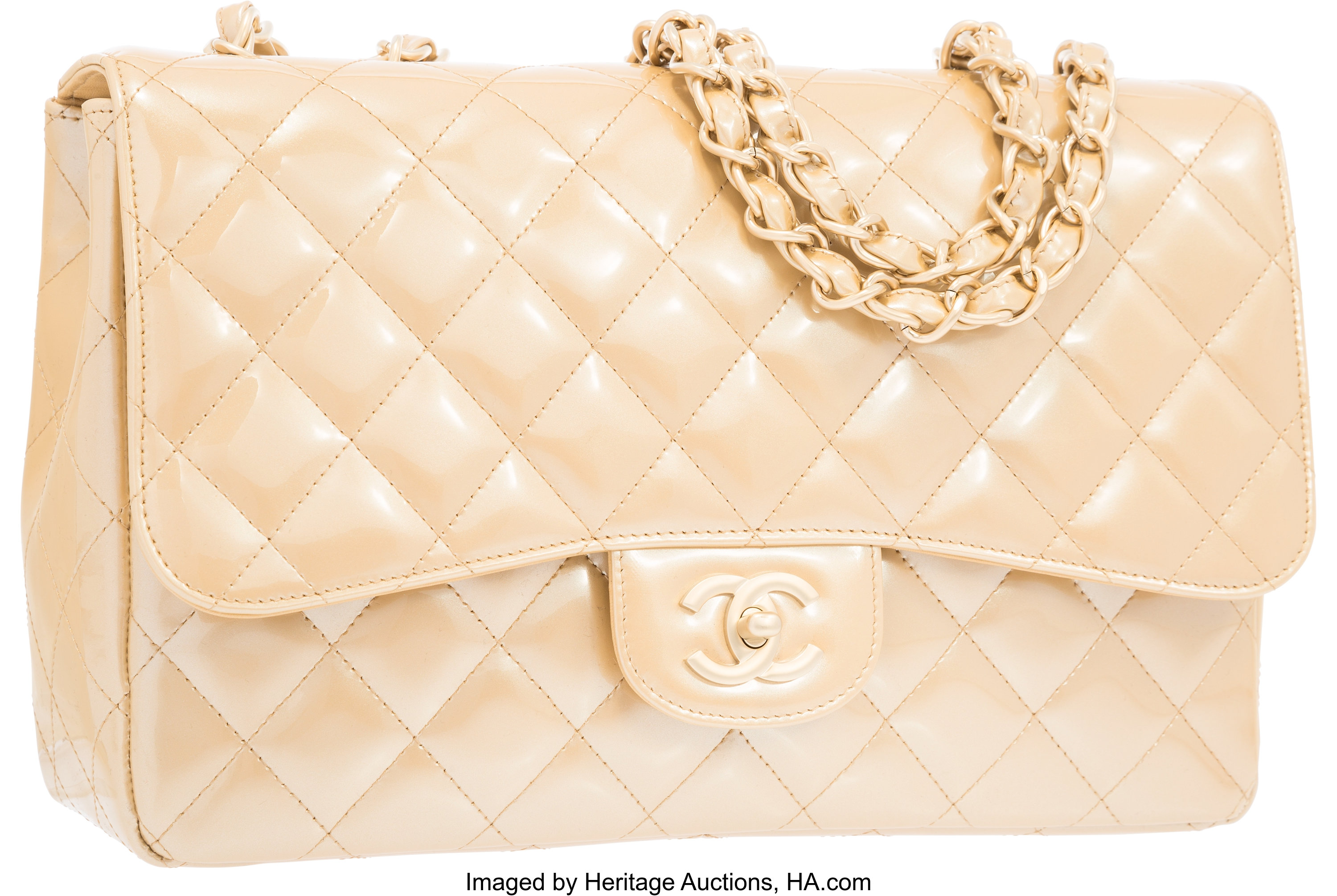 Chanel Pearlescent Gold Quilted Patent Leather Jumbo Single Flap | Lot  #58301 | Heritage Auctions