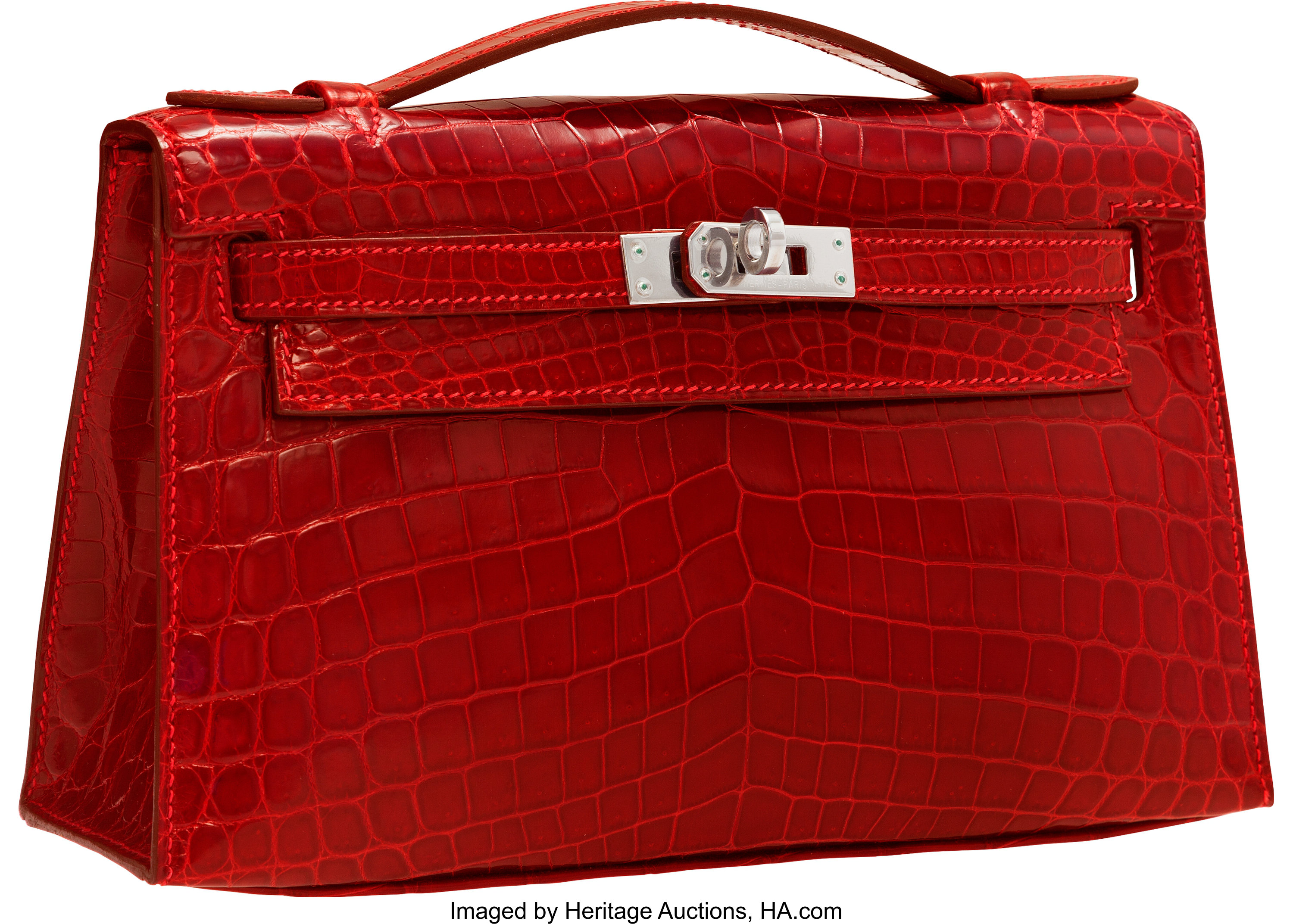 Hermes 32cm Shiny Rouge H Caiman Crocodile Sellier Kelly Bag with, Lot  #56190