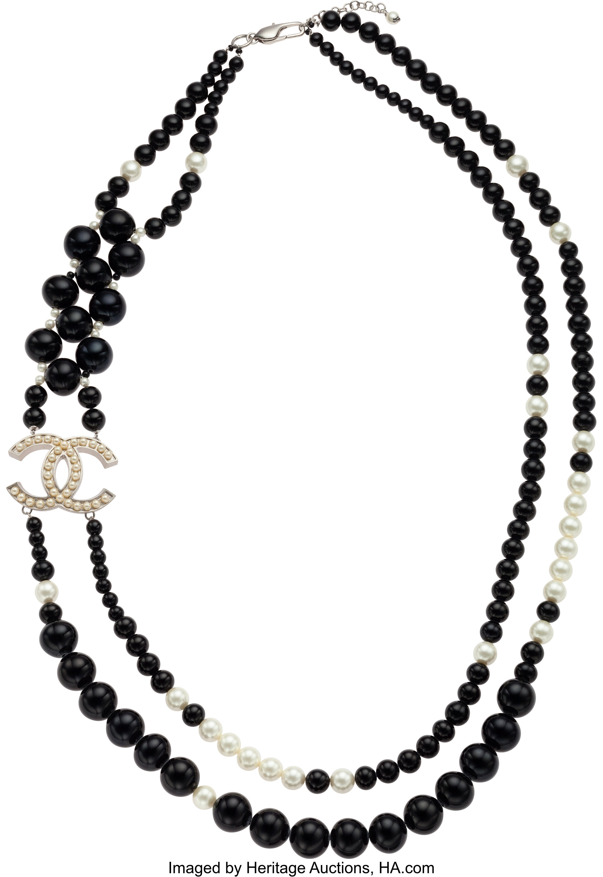 CHANEL Pearl Beaded Crystal CC Long Necklace Gold Black White 1260064