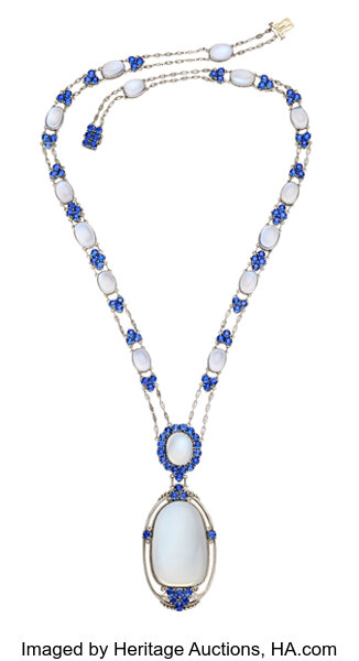 Montana Sapphire, Moonstone, Platinum Necklace, by Louis Comfort, Lot  #54192