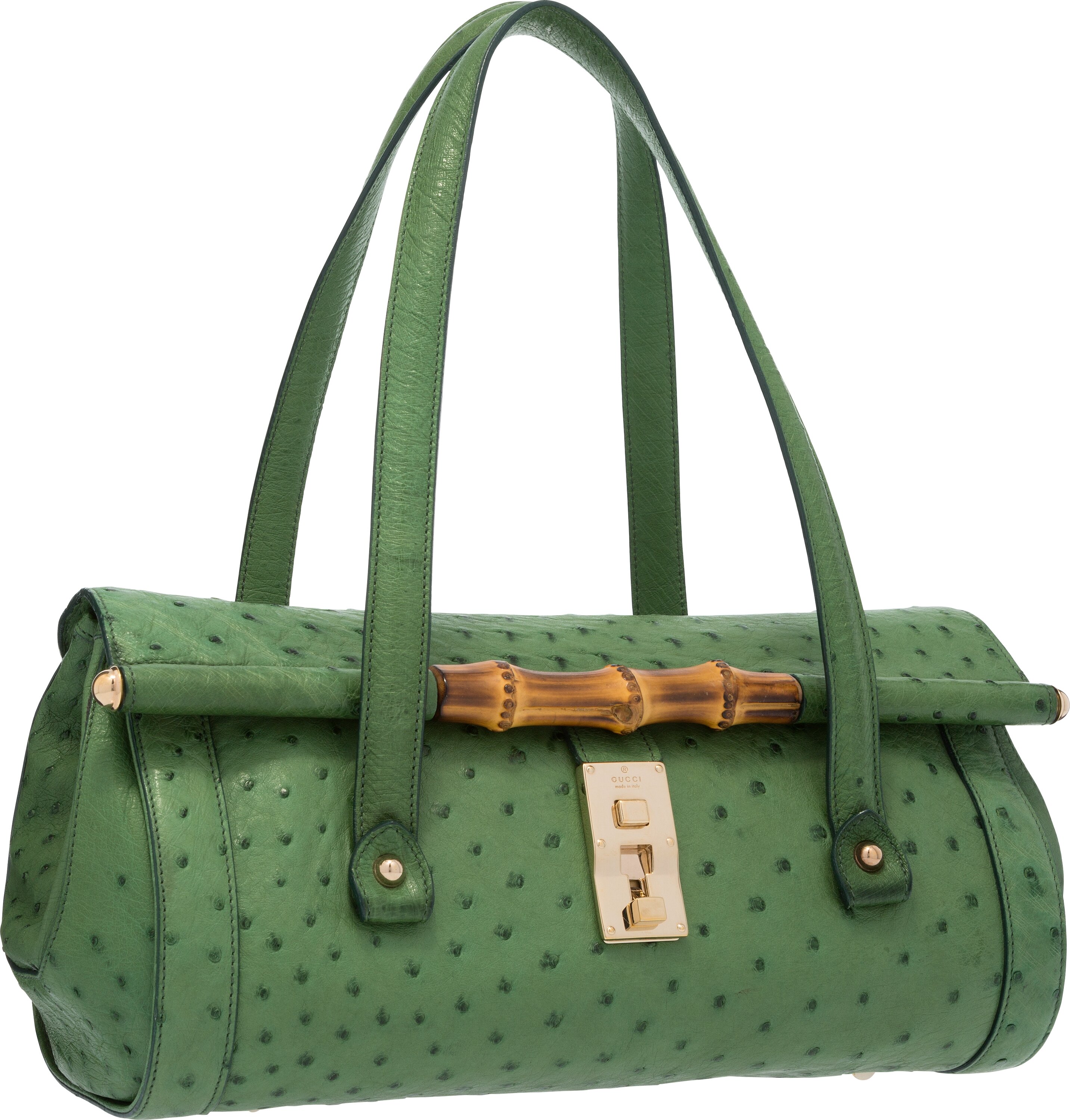 Gucci Green Ostrich Bullet Bag with Bamboo Hardware. Very Good