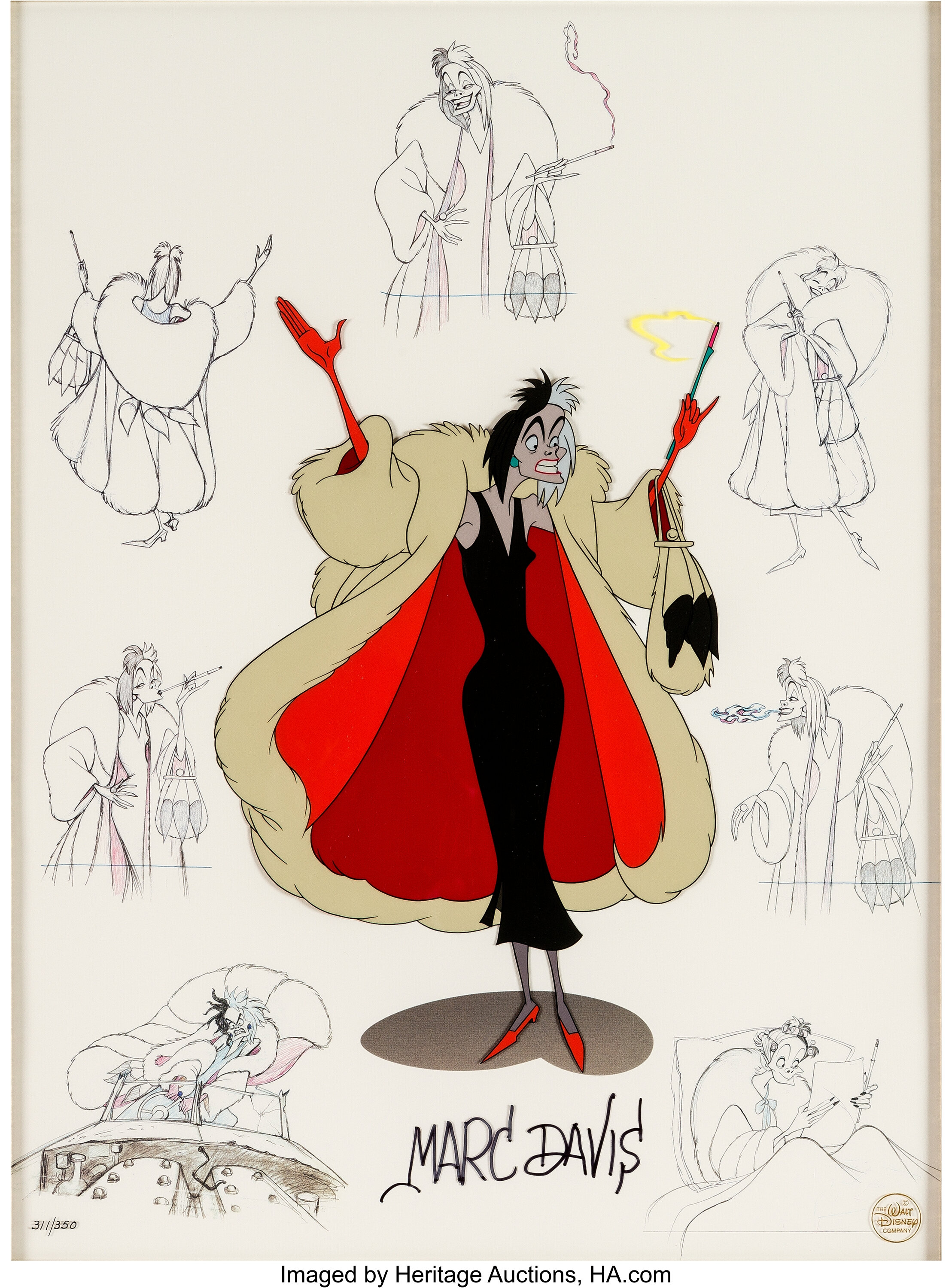 DISNEY Cruella De Vil 101 Dalmatians Limited Edition Sericel Animation Art  Cel