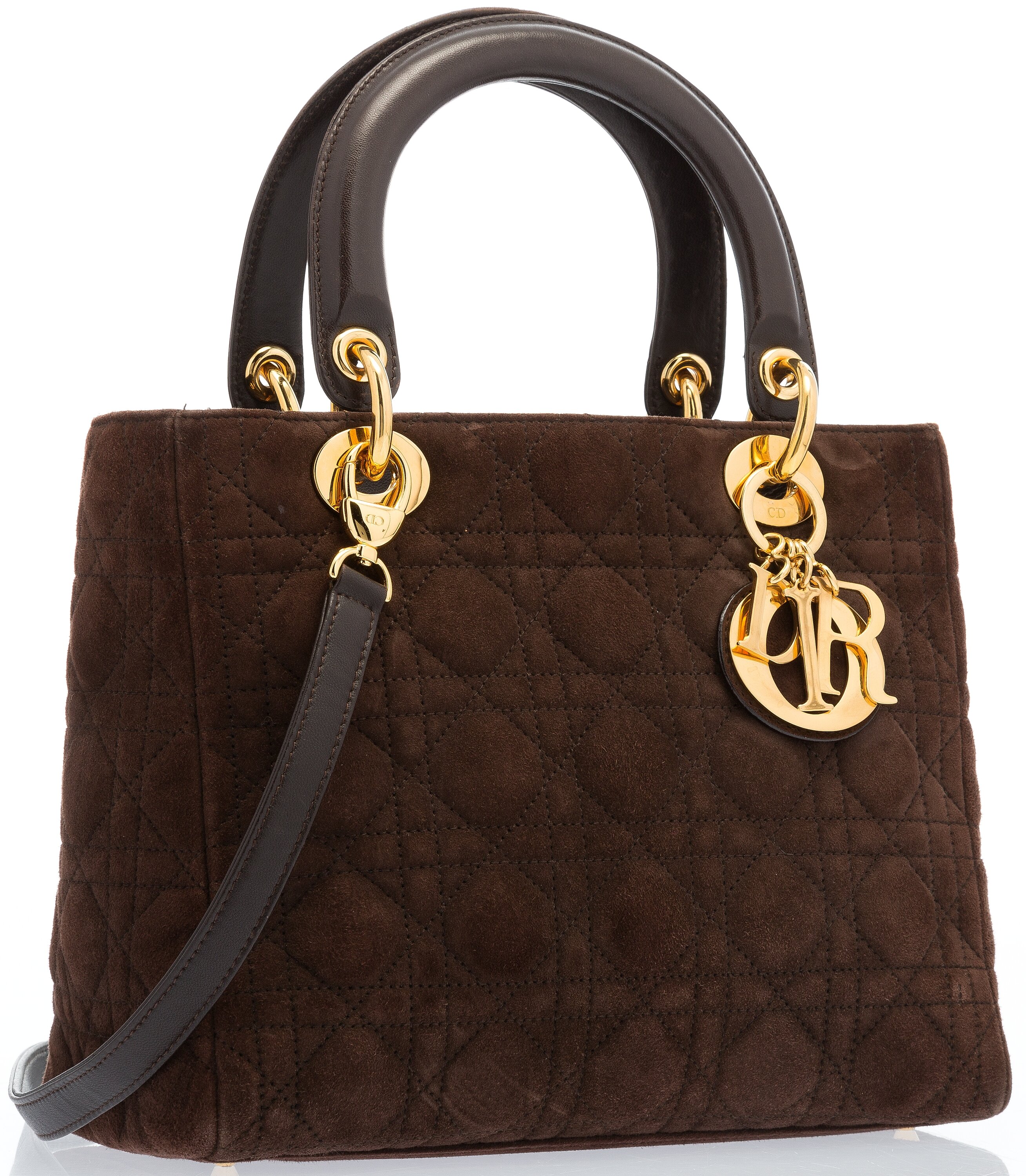 Christian Dior Brown Quilted Cannage Suede Lady Dior MM Tote Bag