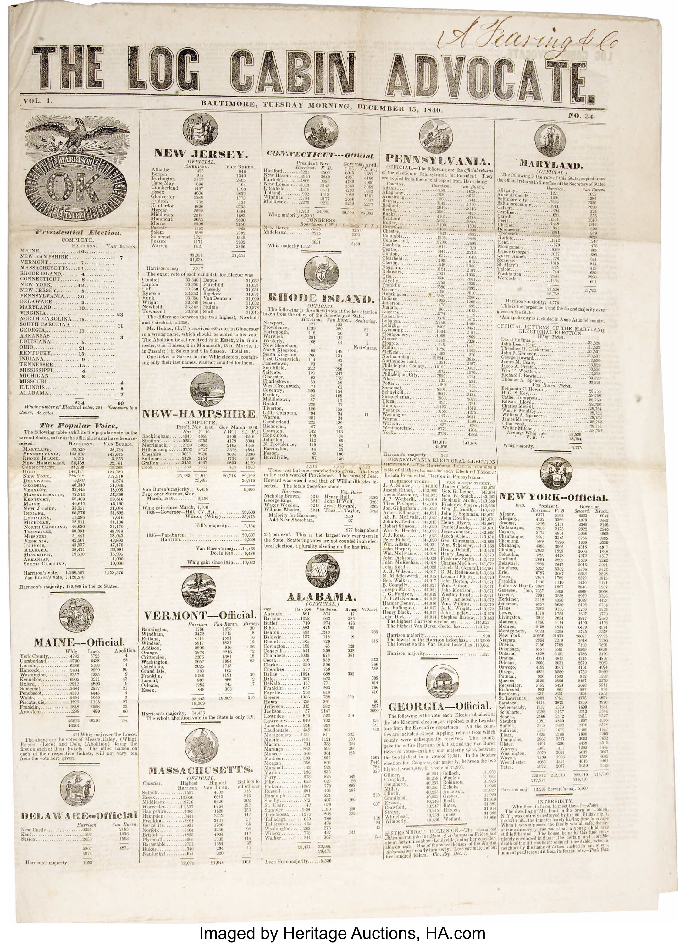 Harrison Tyler 1840 Log Cabin Advocate Newspaper Political