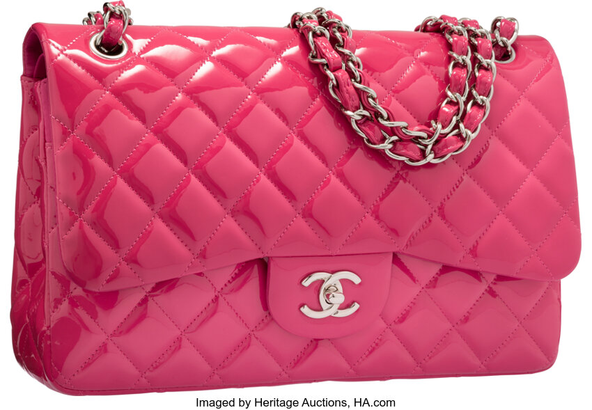 Chanel Pink Quilted Patent Leather Jumbo Double Flap Bag with, Lot #58133