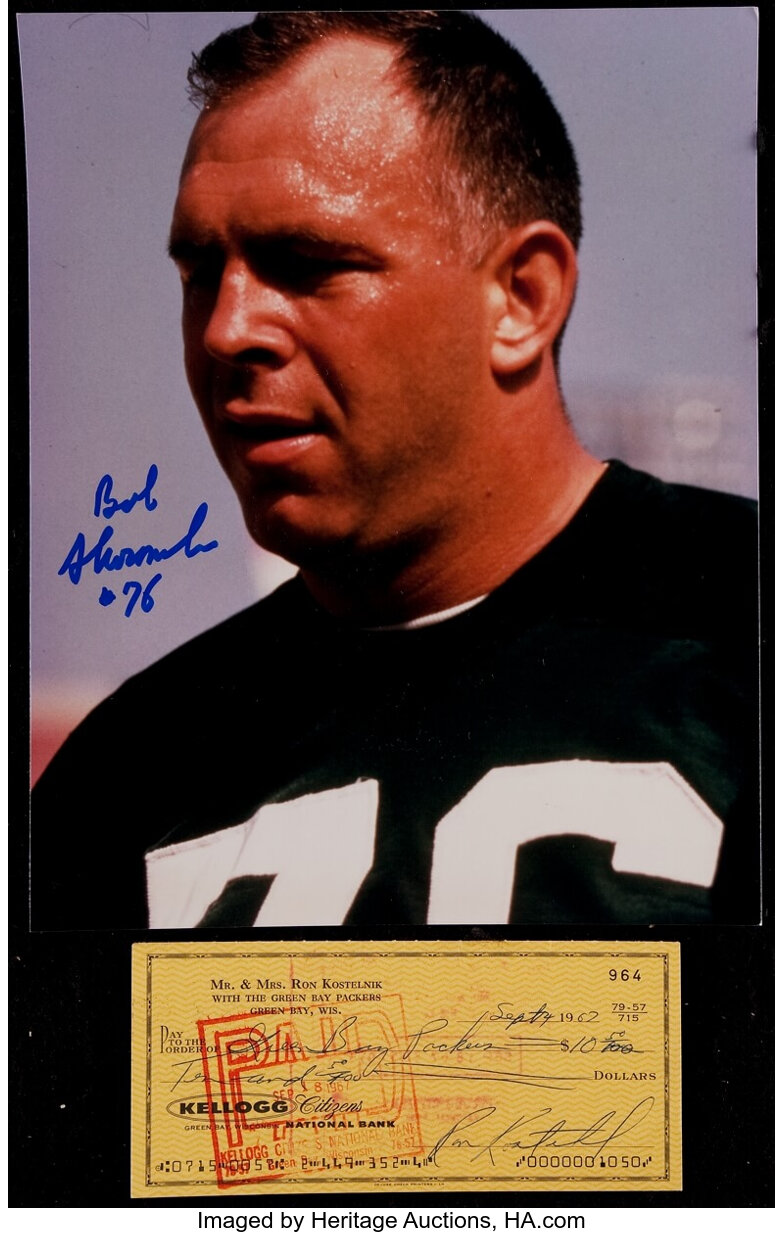 1967 Ron Kostelnik Signed Check - Made Out to the Packers and Bob