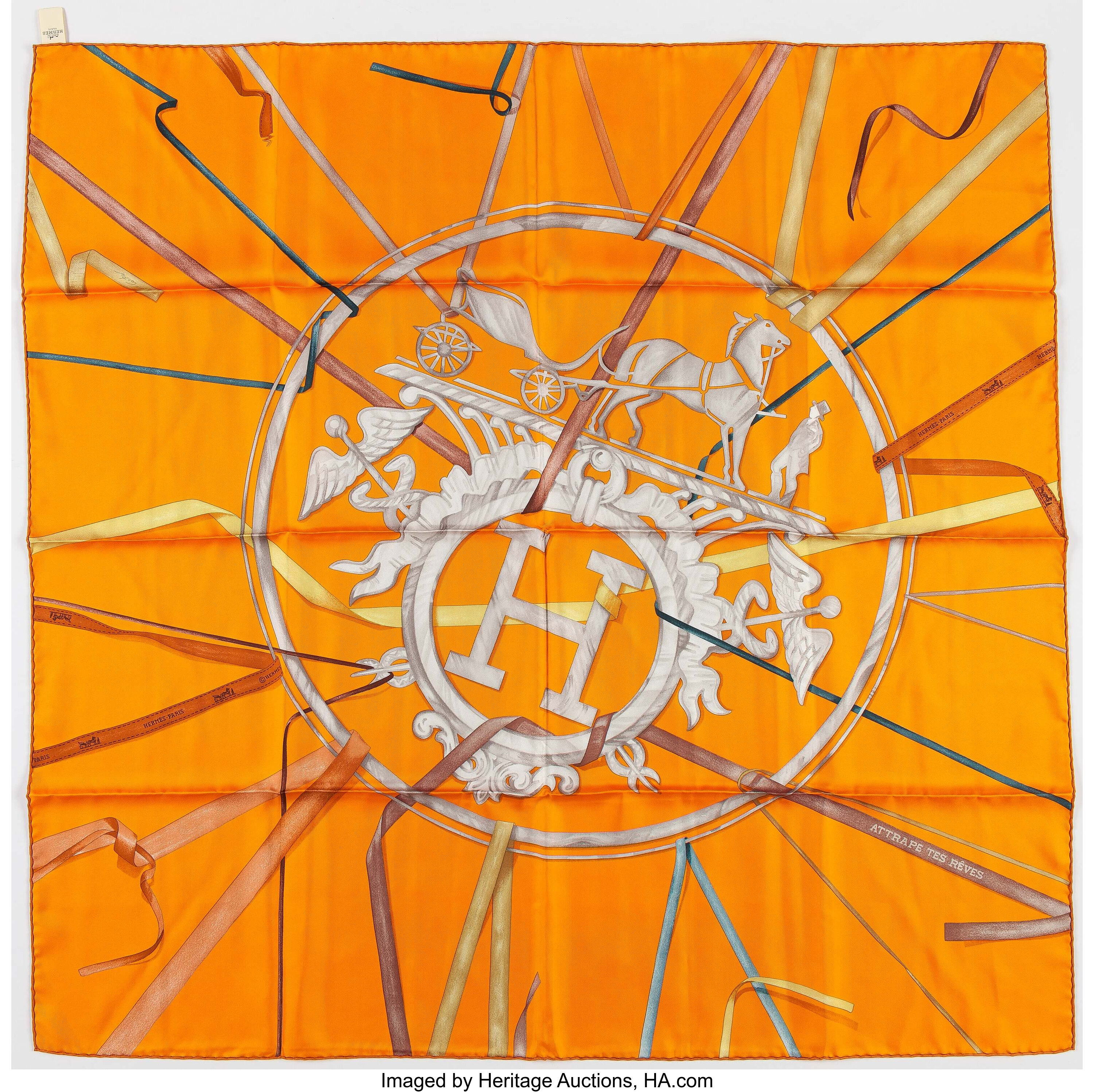 HERMES silk long scarf - Attrape Tes Reves - orange - ribbons