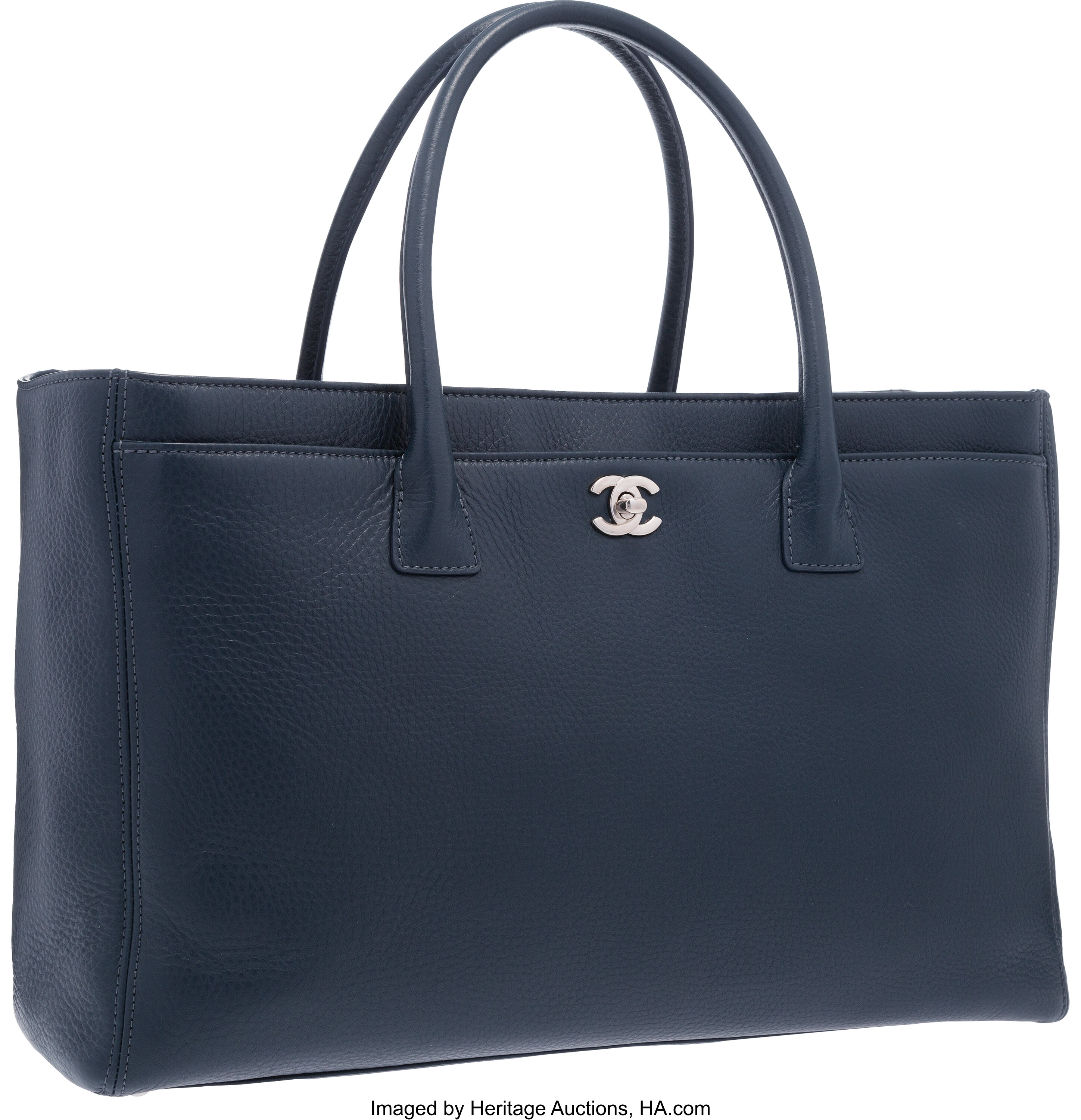 Chanel Navy Blue Leather Cerf Tote Bag with Silver Hardware.