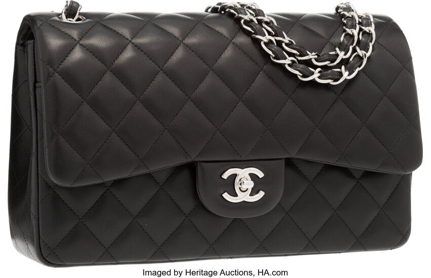 Chanel Black Quilted Lambskin Leather Jumbo Double Flap Bag with, Lot  #58110