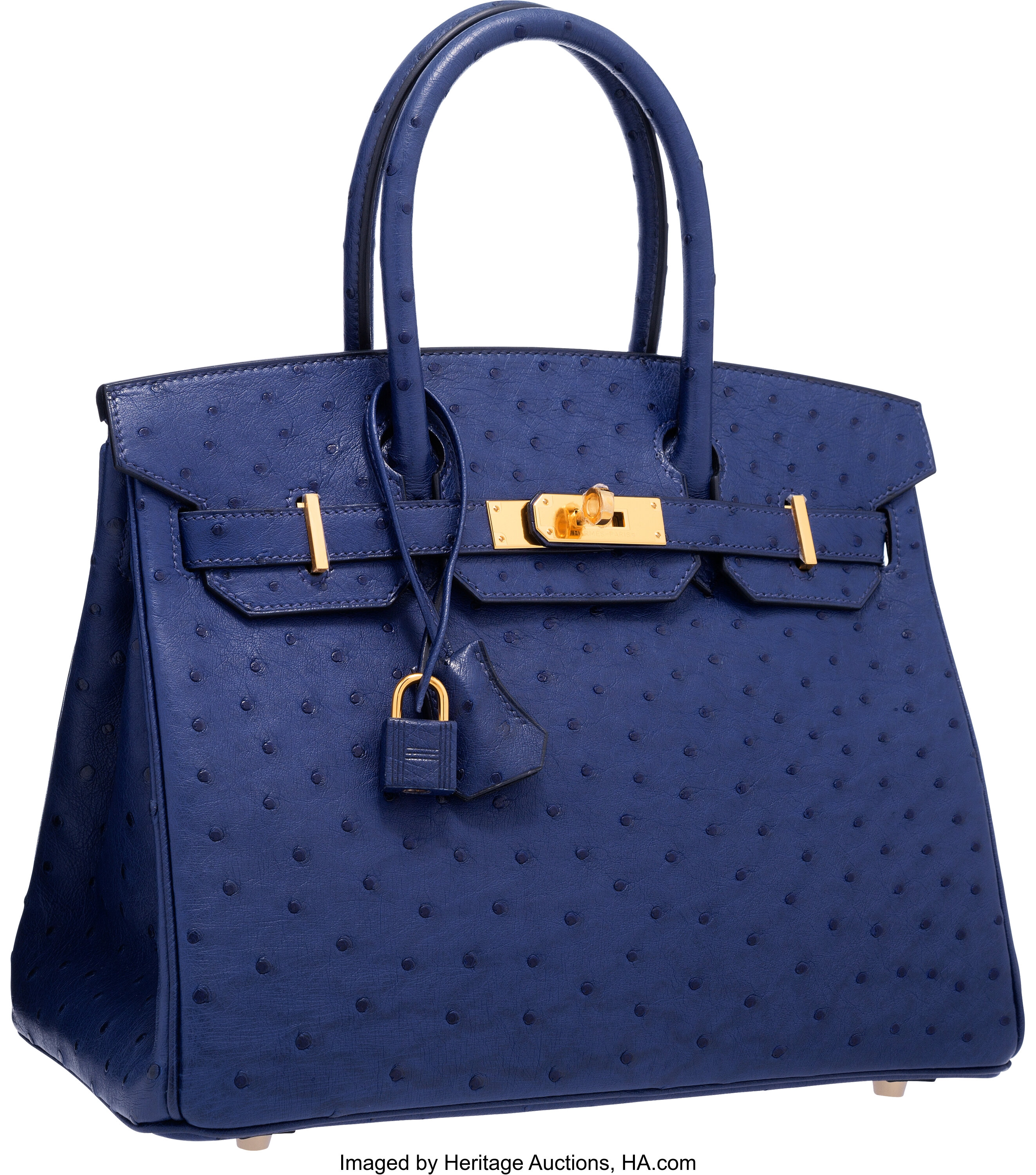 Hermes 30cm Blue Iris Ostrich Birkin Bag with Gold Hardware. T,, Lot  #58021