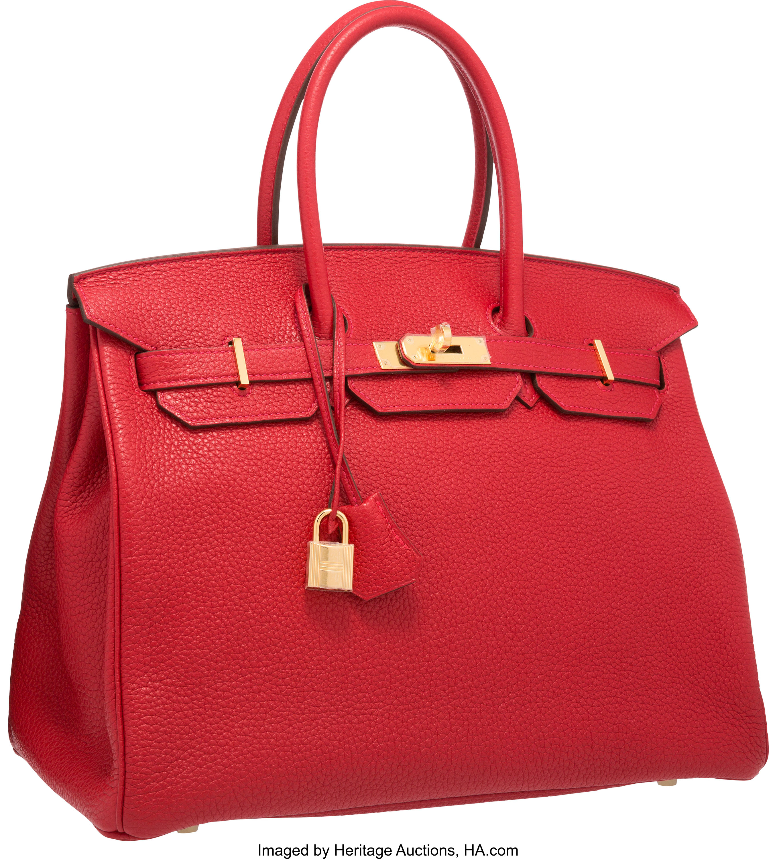 Hermes 35cm Rouge Casaque Clemence Leather Gold Plated Birkin Bag