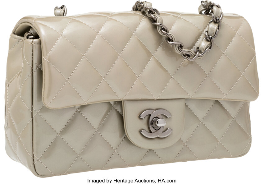 Chanel Taupe Quilted Patent Leather Mini Flap Bag with Gunmetal
