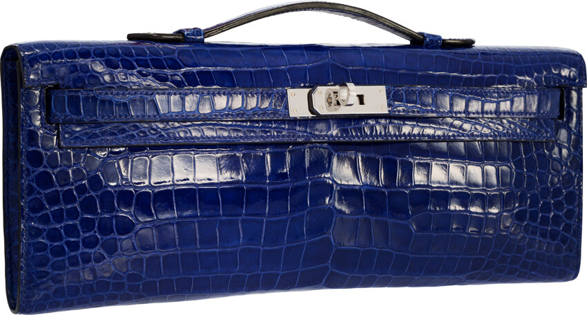 Sold at Auction: HERMES DIAMOND KELLY CUT IN BLUE MARINE CROCODILE