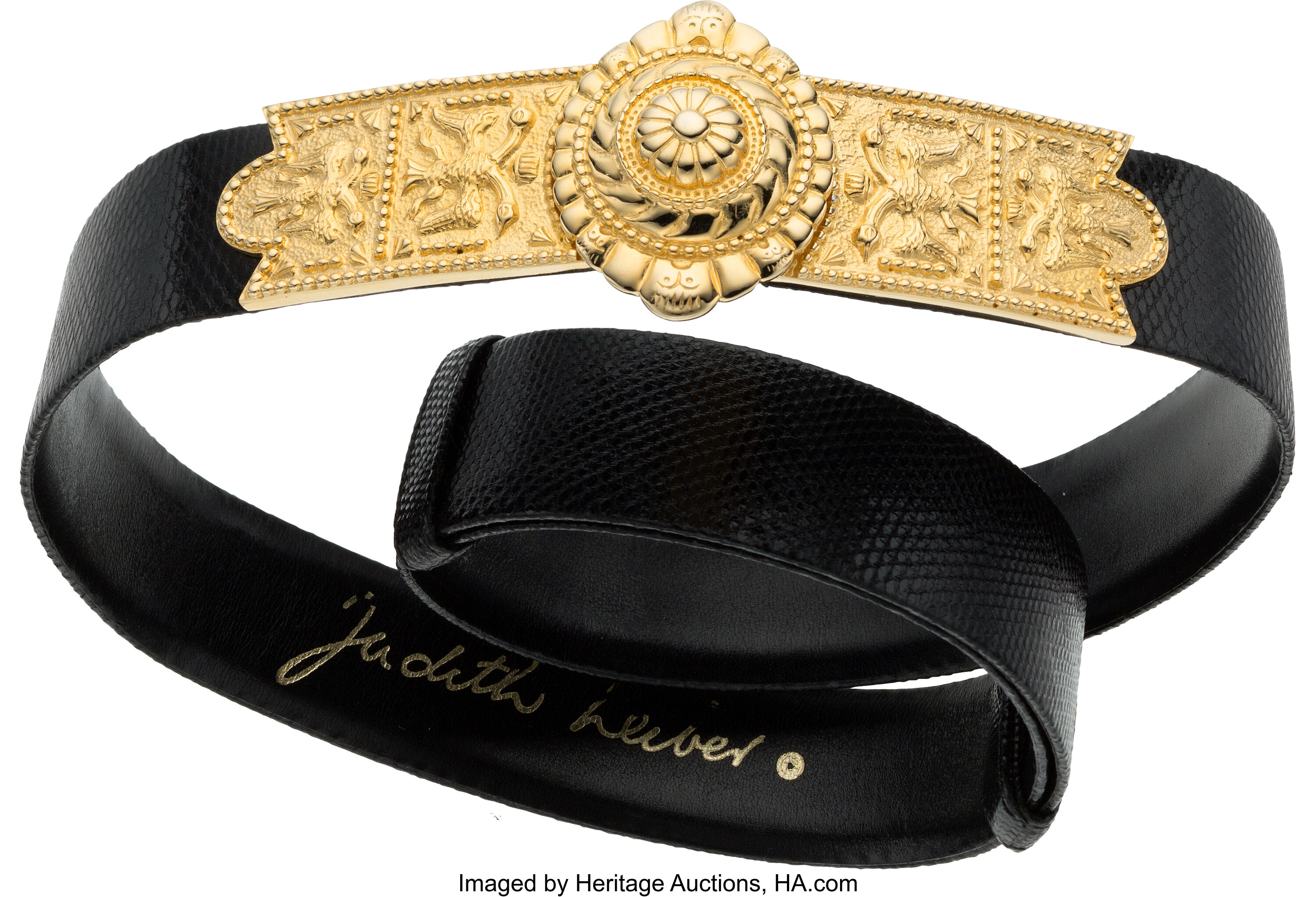 Judith Leiber Black Lizard Belt with Gold Buckle. Excellent Lot 58504 Heritage Auctions