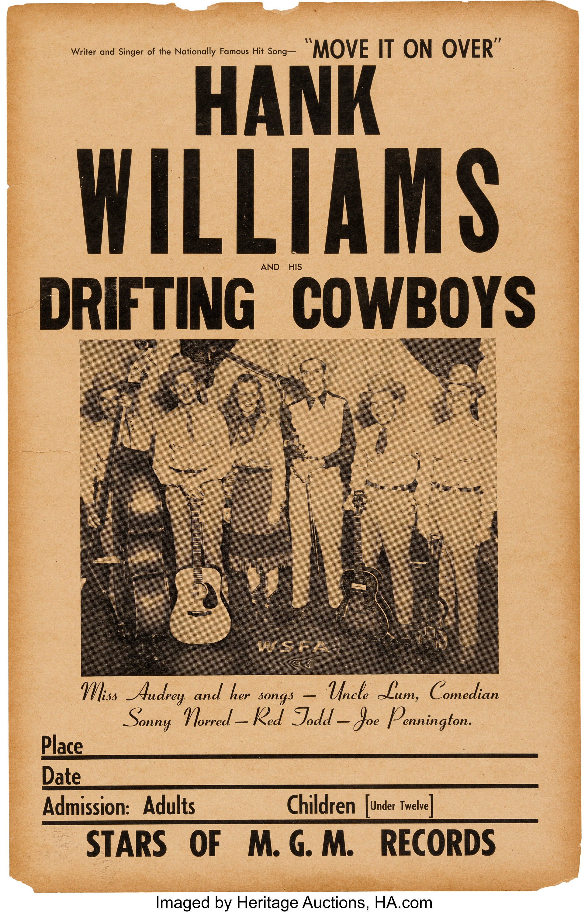 Hank Williams Concert Poster (1949).... Music Memorabilia Posters Lot