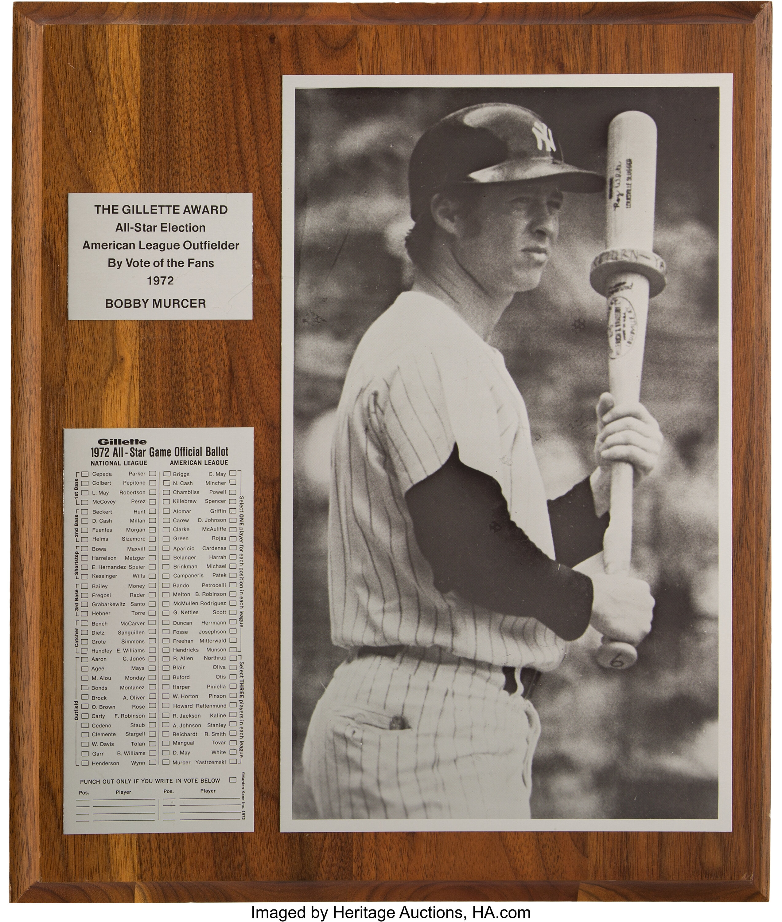 1972 Bobby Murcer The Gillette All-Star Award from The Bobby