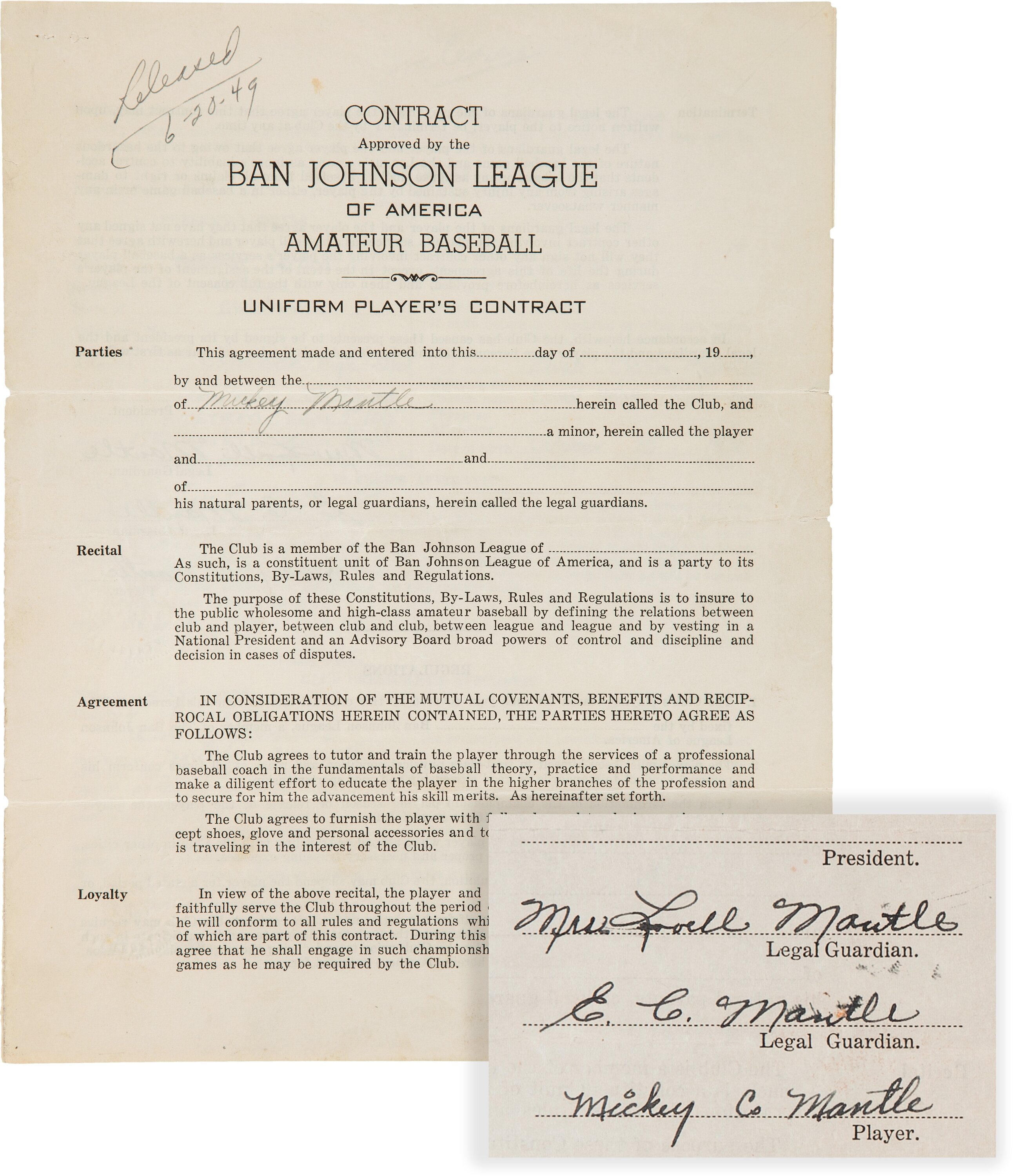 Mickey Mantle's Contract Breakdown : Mickey Mantle's Contact Details and  History