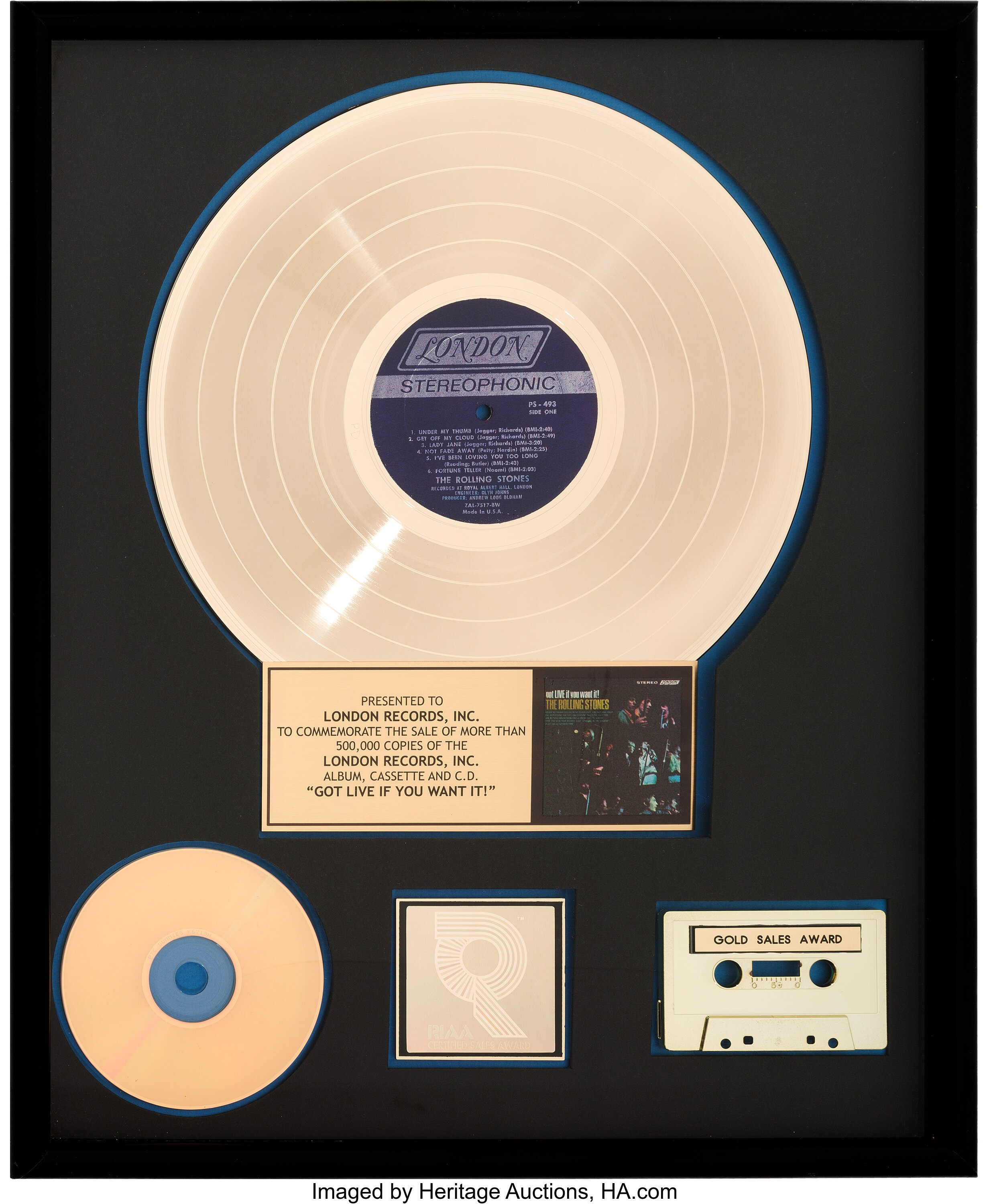 Rolling Stones Got Live If You Want It! RIAA Gold Record Award