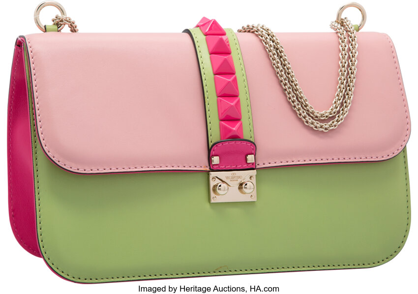 Valentino Pink Leather Small Rockstud Glam Lock Flap Bag at