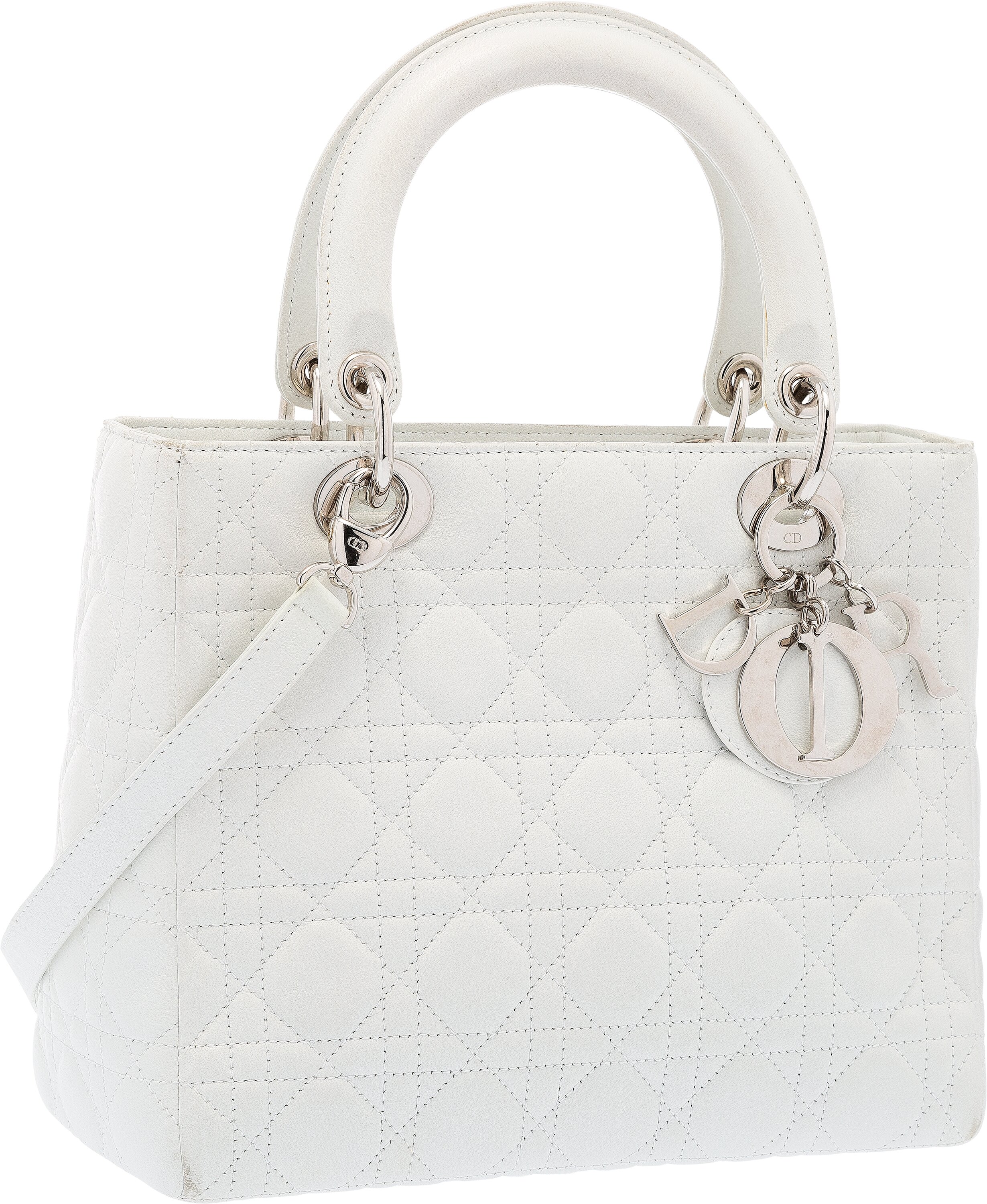 Christian Dior White Quilted Cannage Leather Lady Dior MM Tote Bag