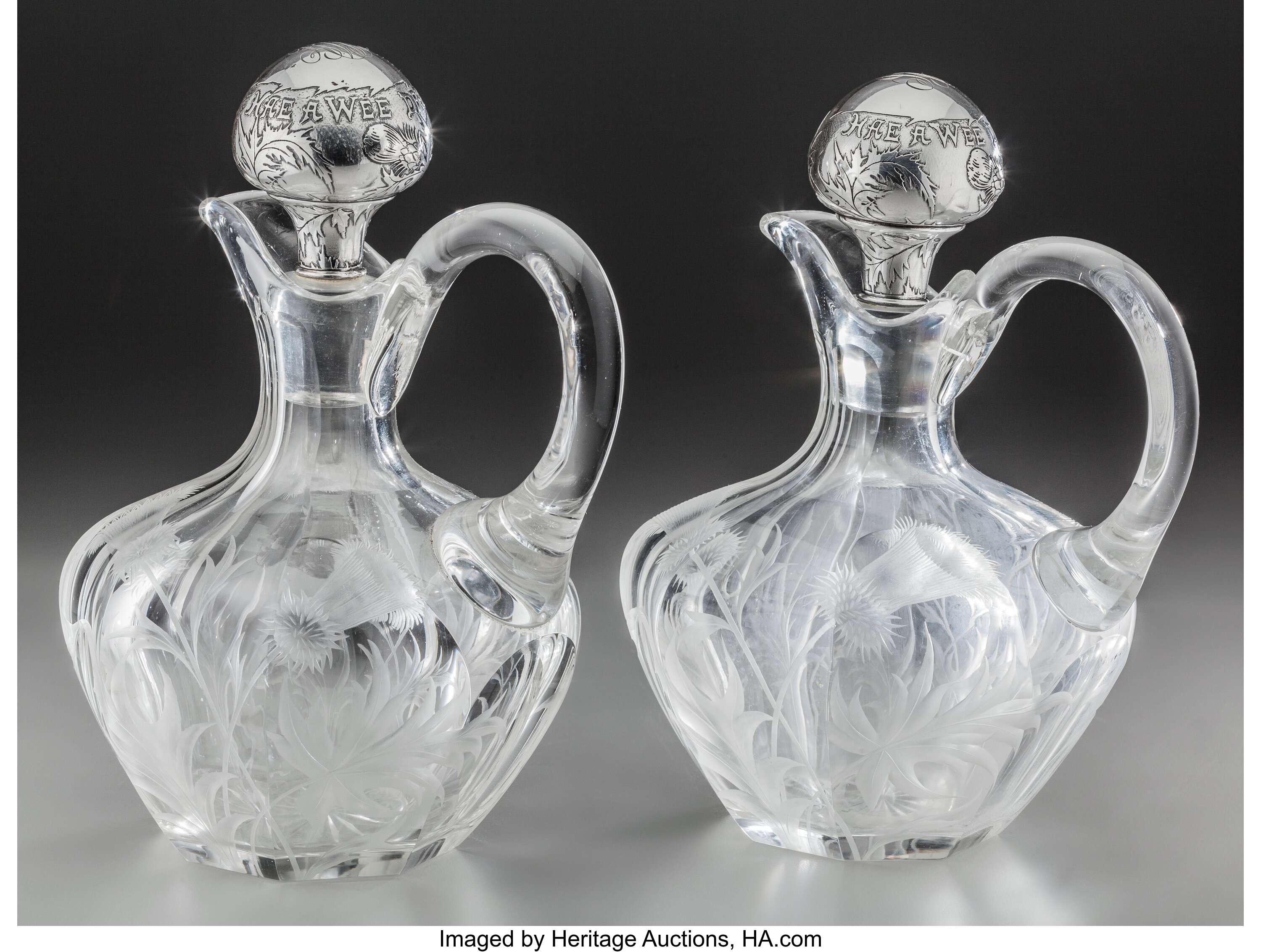 A Pair Of American Acid Etched Glass Decanters With Silver Overlay Lot 74129 Heritage Auctions