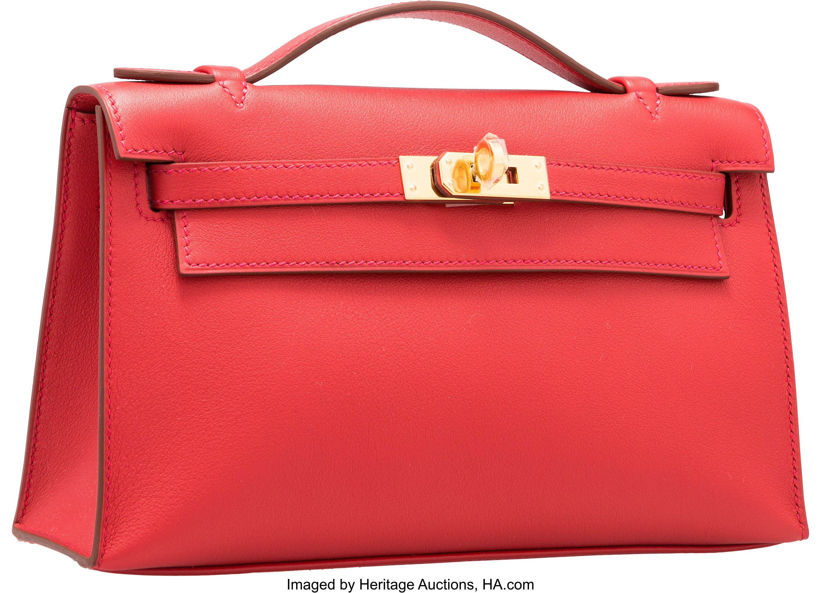 Hermes Rouge Vif Ostrich Kelly Pochette Bag with Gold Hardware. A,, Lot  #58112