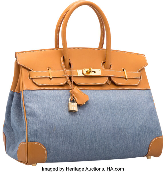 Hermes 35cm Natural Barenia Leather & Denim Birkin Bag with Gold