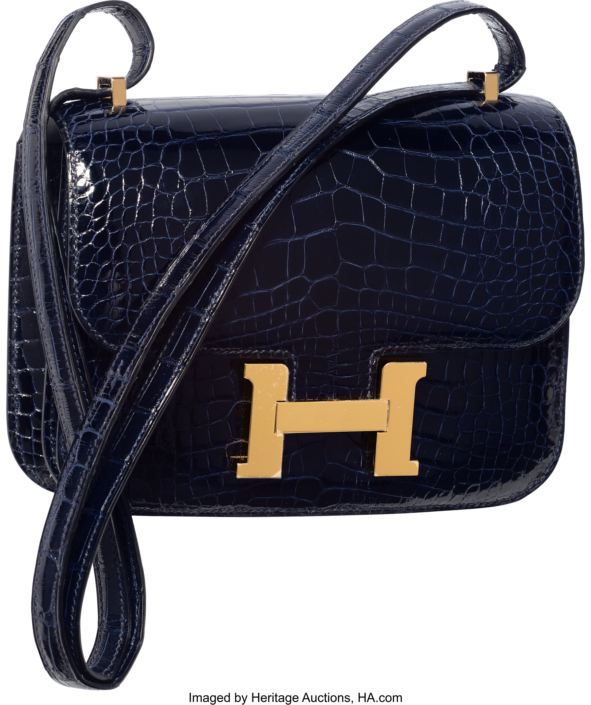 Hermès VINTAGE HERMES CONSTANCE HANDBAG 24 BLUE CROCODILE POROSUS LEATHER  HAND BAG Navy blue Exotic leather ref.861708 - Joli Closet