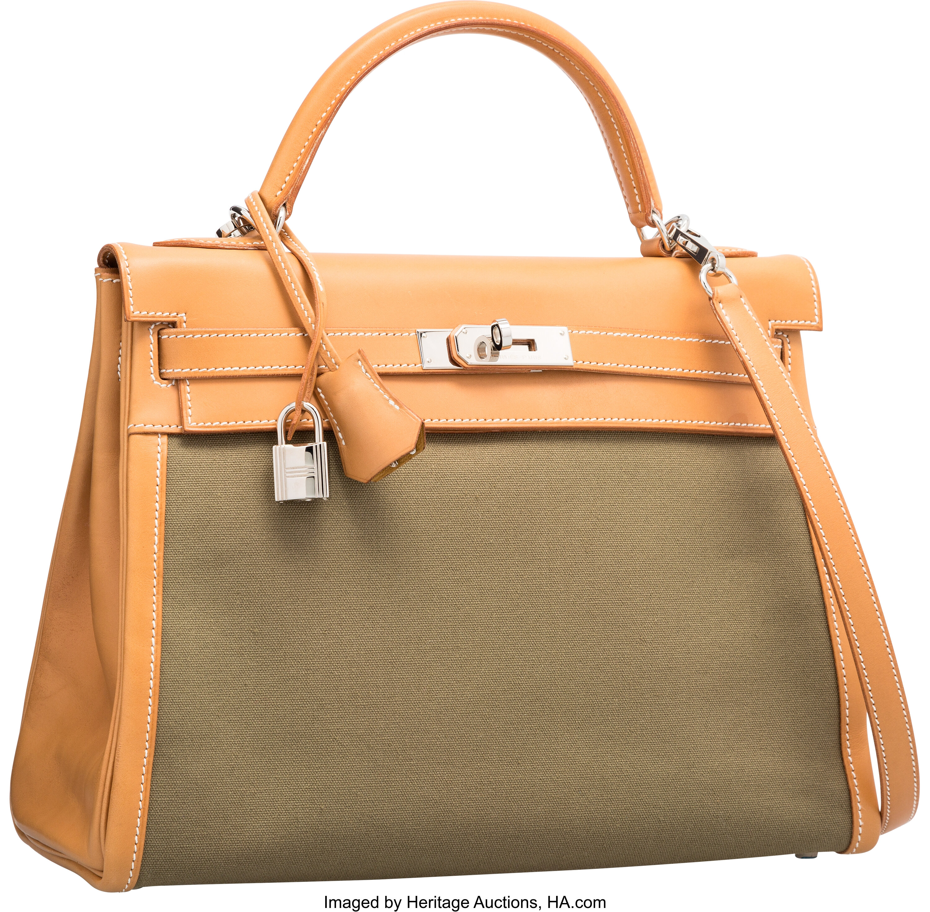 Hermes 32cm Vert Olive Barenia Leather and Toile Gold Plated Kelly