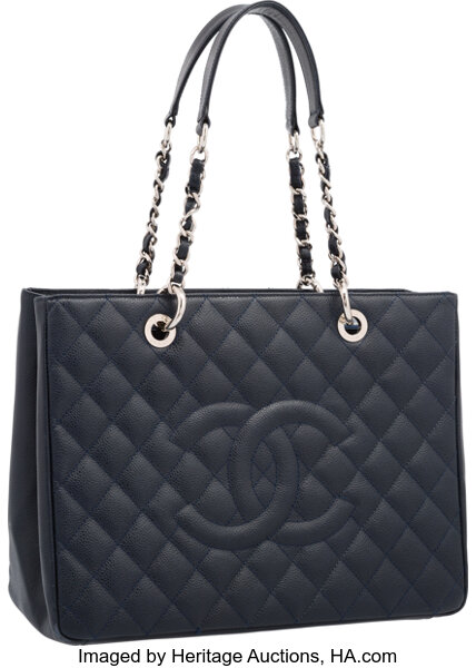 Chanel Navy Blue Quilted Caviar Leather Grand Shopping Tote Bag., Lot  #58016