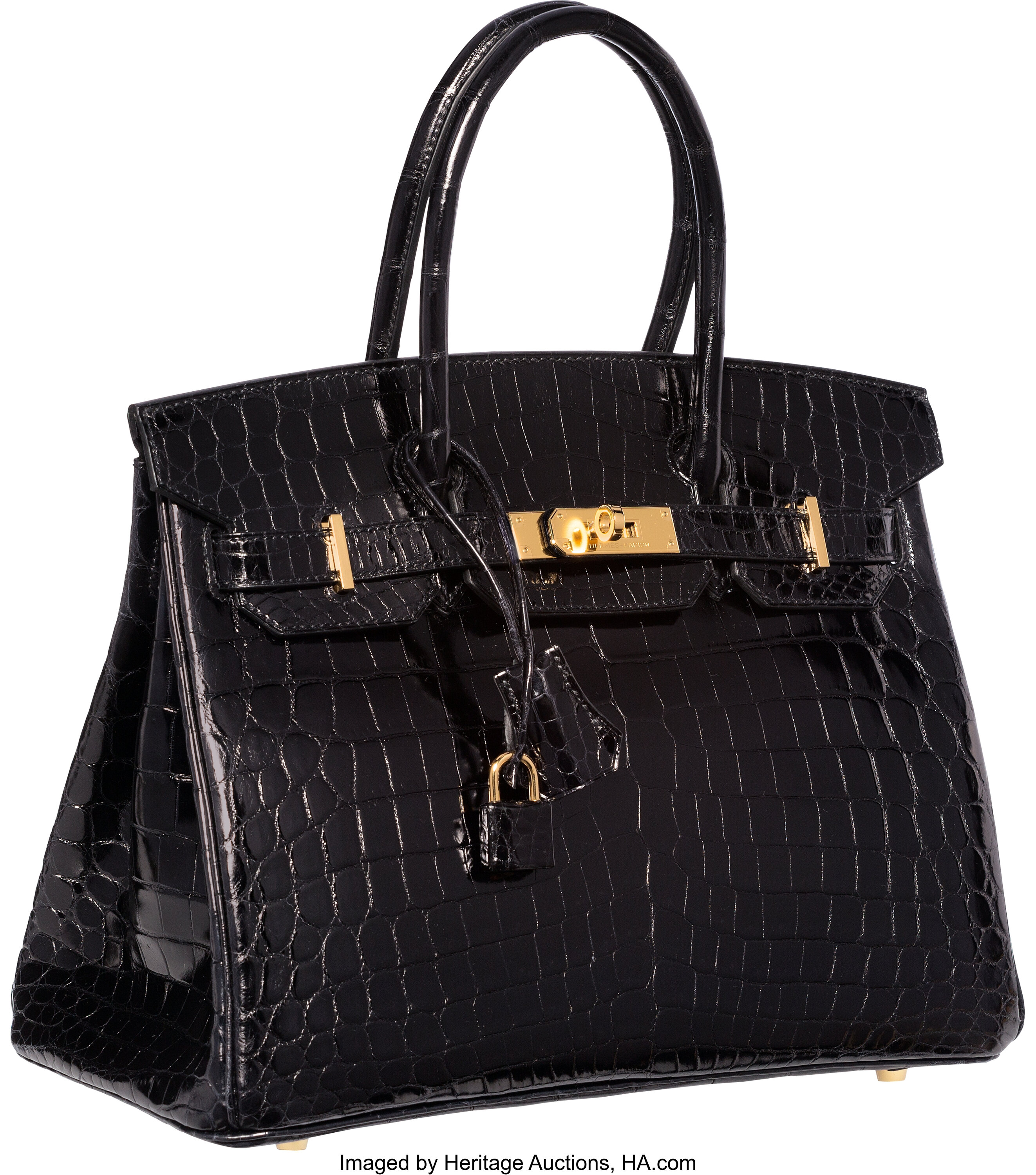 Hermes 30cm Shiny Black Nilo Crocodile Birkin Bag with Gold Lot