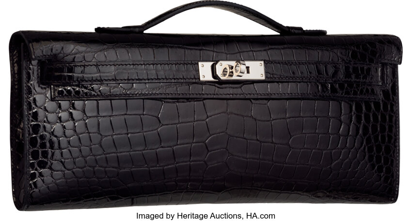 Hermès Kelly Cut Noir (Black) Crocodile Porosus Lisse Gold