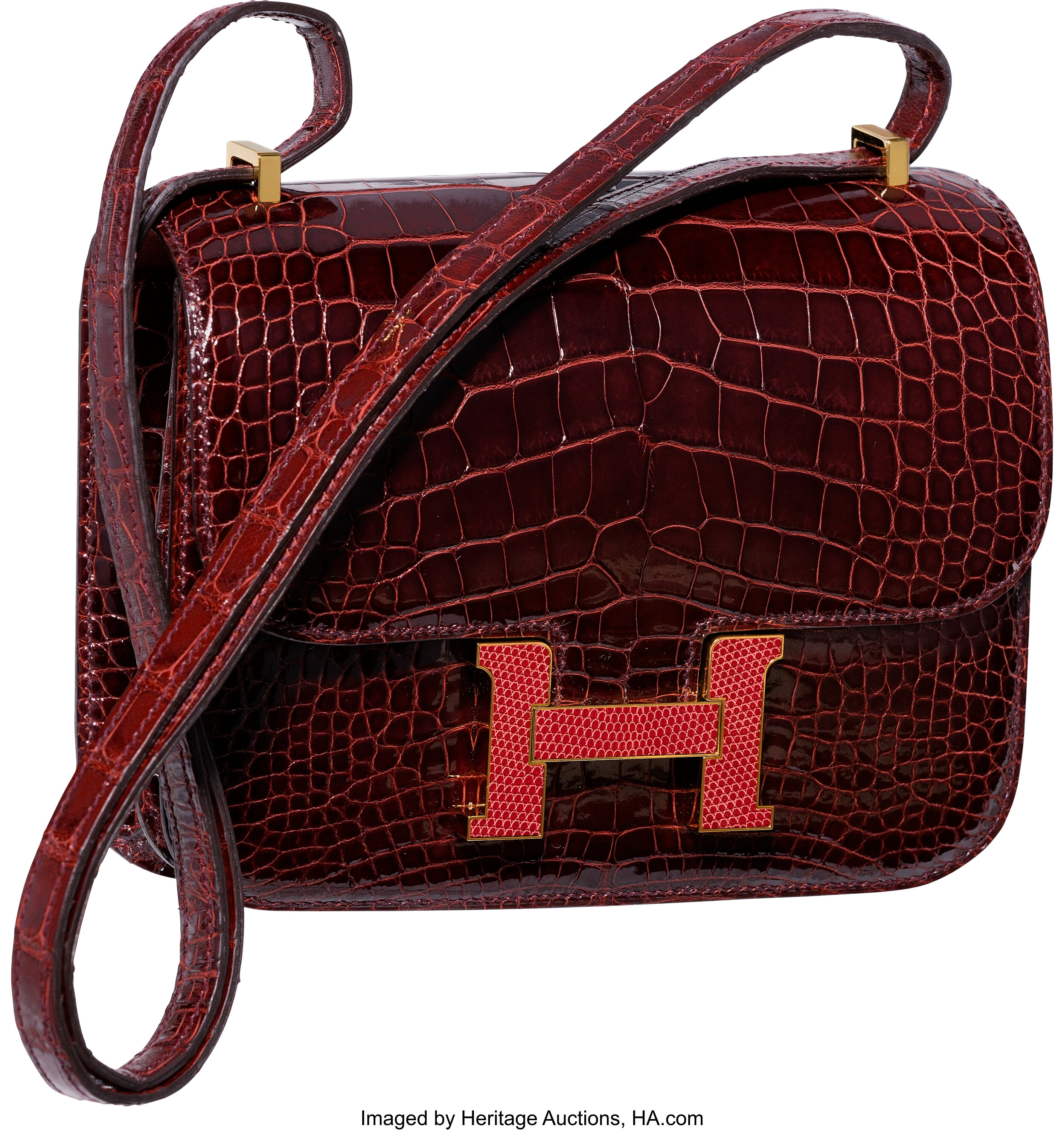 Hermes Limited Edition 18cm Shiny Bordeaux Alligator & Rouge H