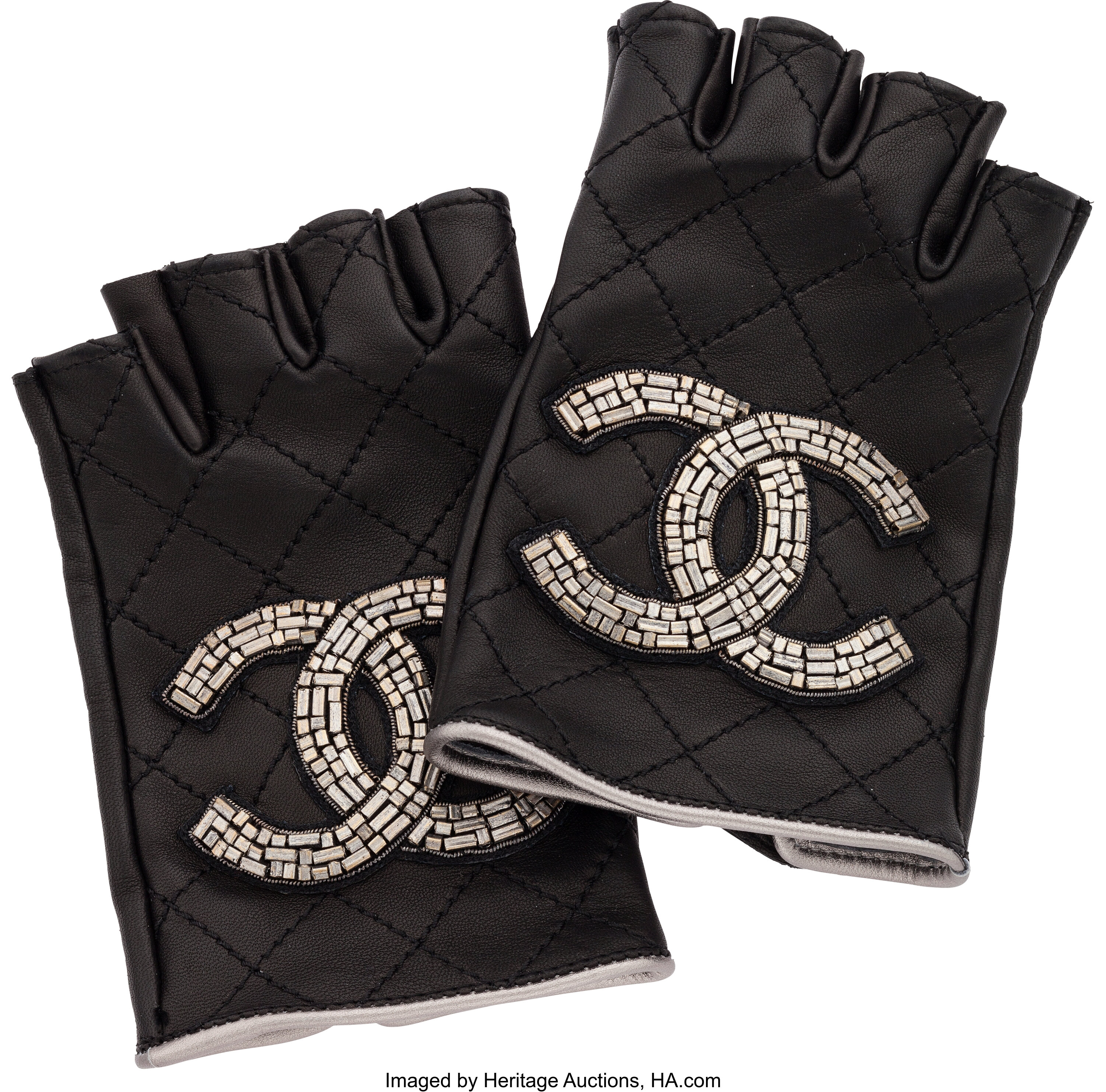 CHANEL, Accessories, Black Chanel Look Gray Leather Fingerless Gloves