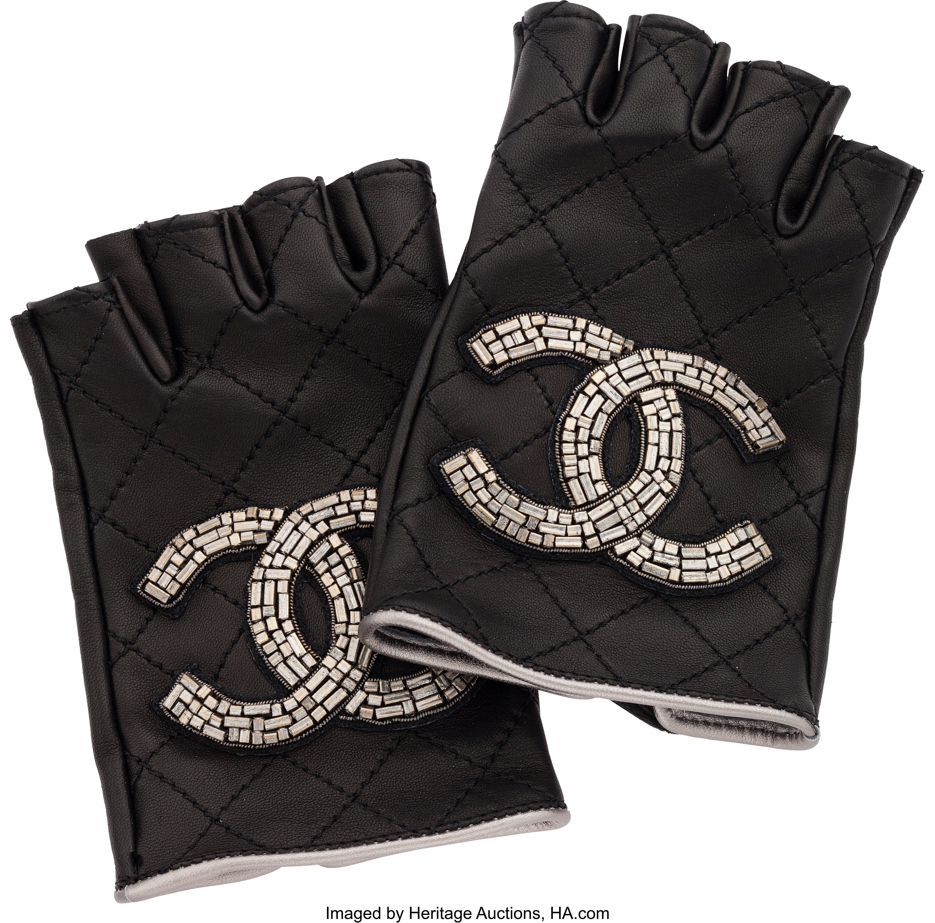 Chanel Metallic Silver Lambskin Fingerless Gloves