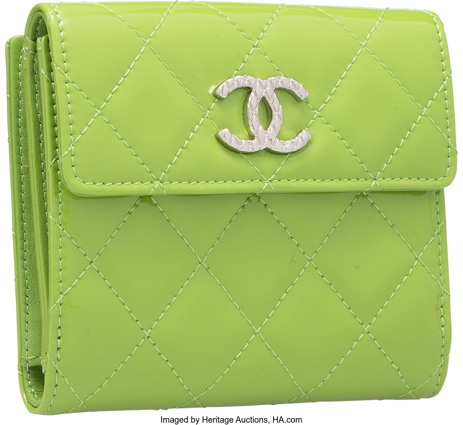 Chanel Green Quilted Patent Leather Wallet. Pristine Condition., Lot  #58345