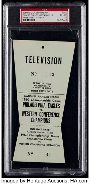 1960 NFL Championship Game Packers vs. Eagles Full Ticket, PSA, Lot #82374