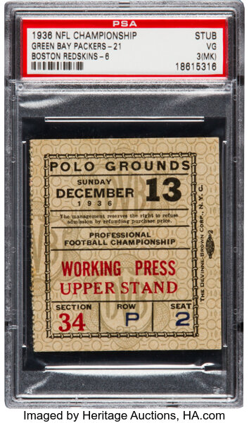 1936 NFL Championship Game Packers Vs. Redskins Ticket Stub