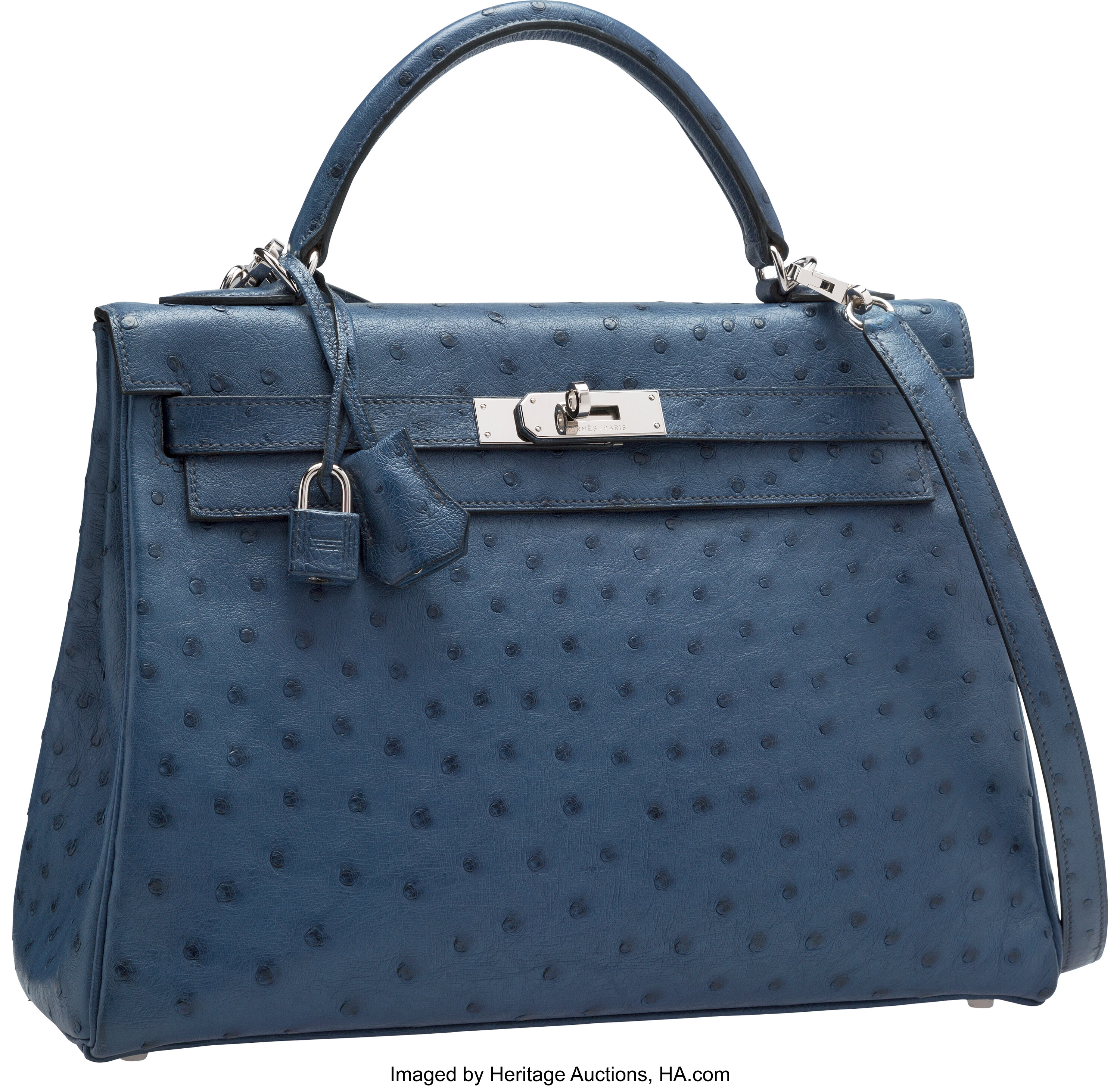 Hermes Kelly 32 blue ostrich leather bag
